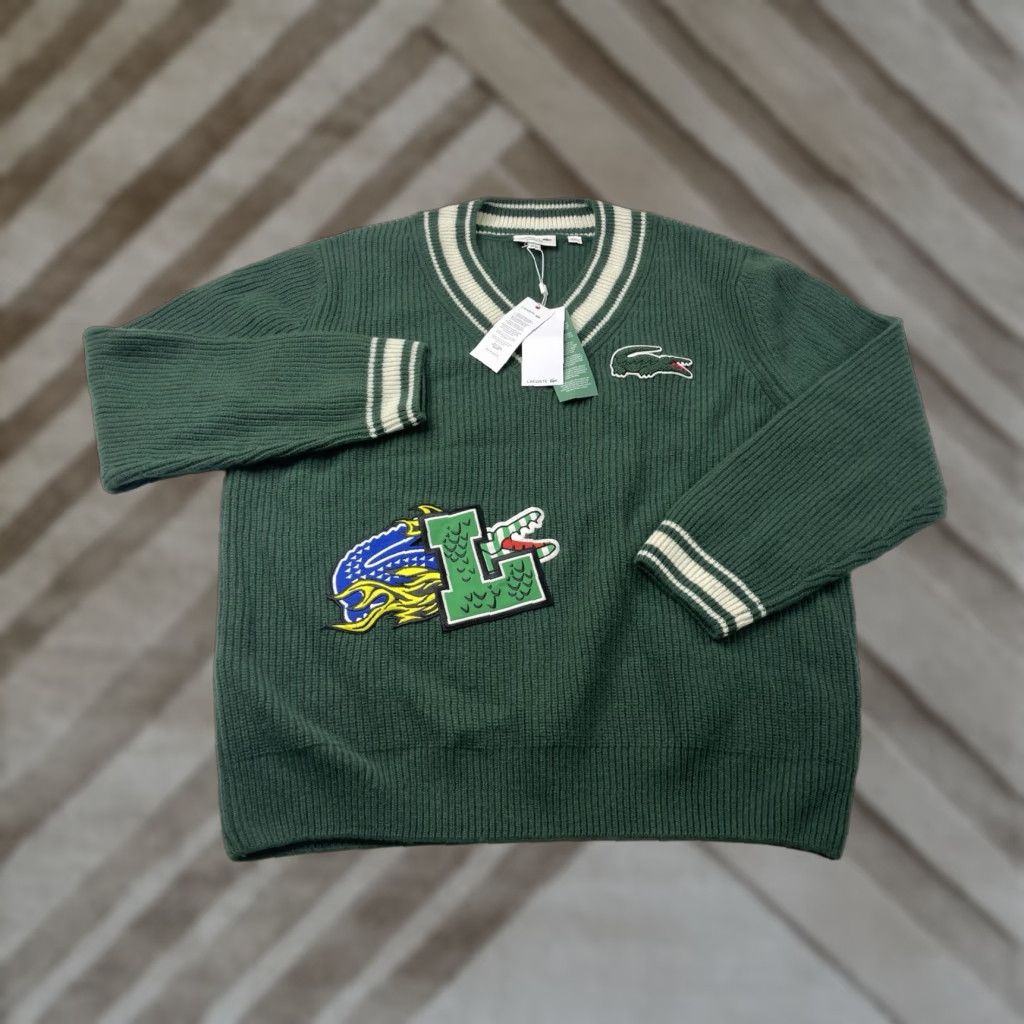 Lacoste Lacoste Mens Wool V-Neck Pullover Sweater Green XL Size US XL / EU 56 / 4 - 1 Thumbnail