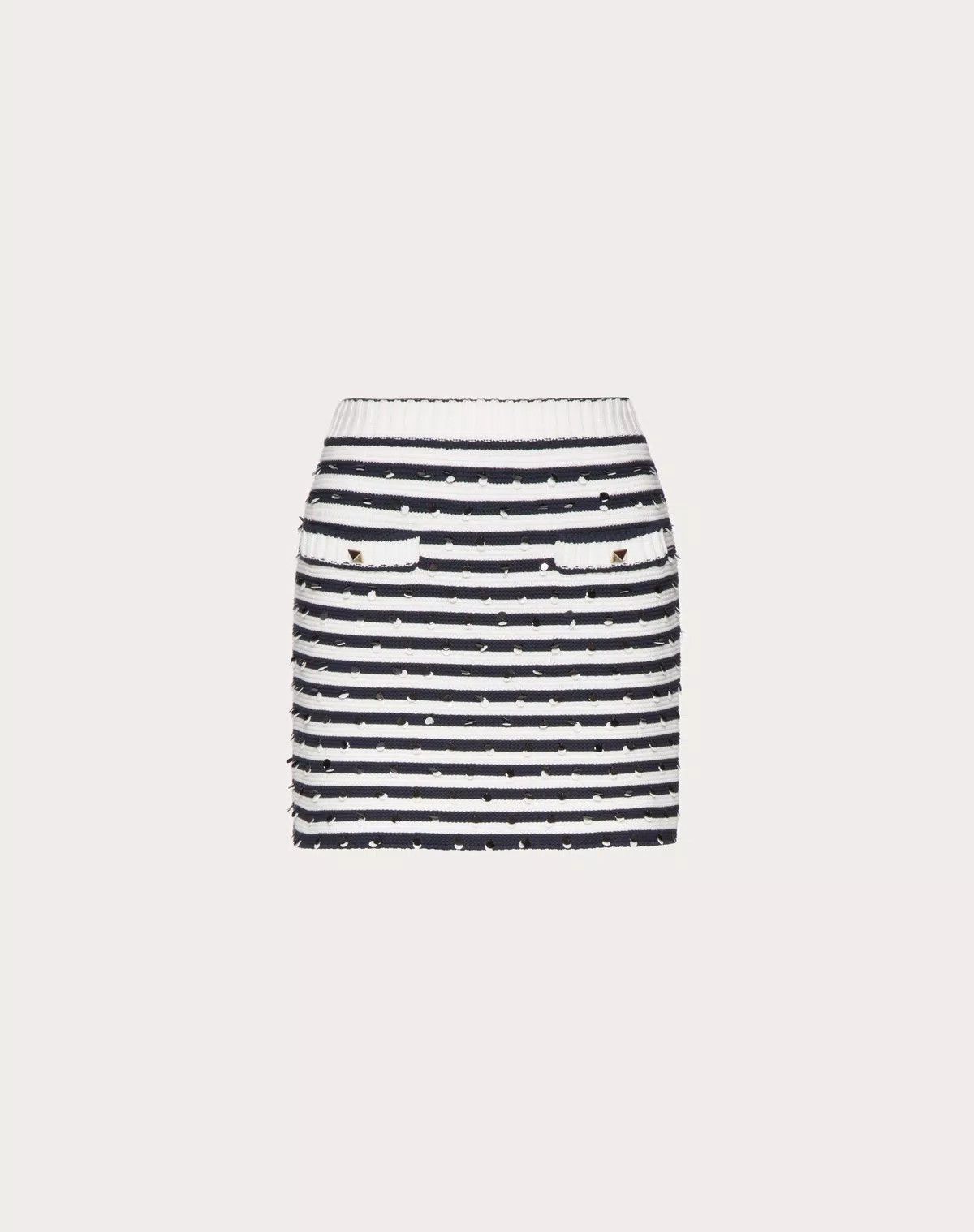 Valentino o1s1wg110625 Embroidered Cotton Skirt in White/Navy Blue Size 28" / US 6 / IT 42 - 1 Thumbnail
