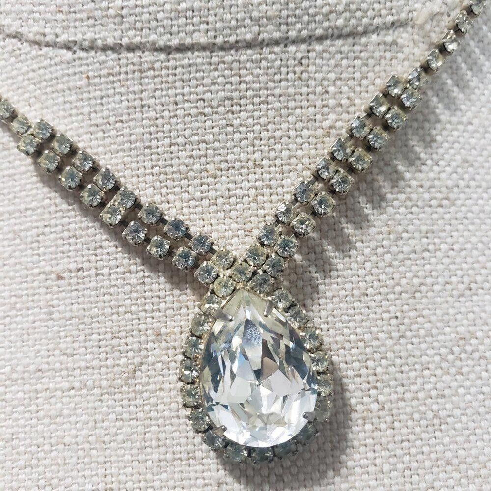 Designer Cubic Zirconia Pear Shaped Silver Vintage Necklace 16" Size ONE SIZE - 2 Thumbnail