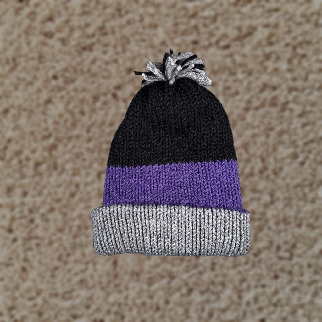 Vintage Beanie Toque Women One Size Purple Gray Stripe Knit 100% Acrylic Pom Winter Ski Size ONE SIZE - 1 Thumbnail