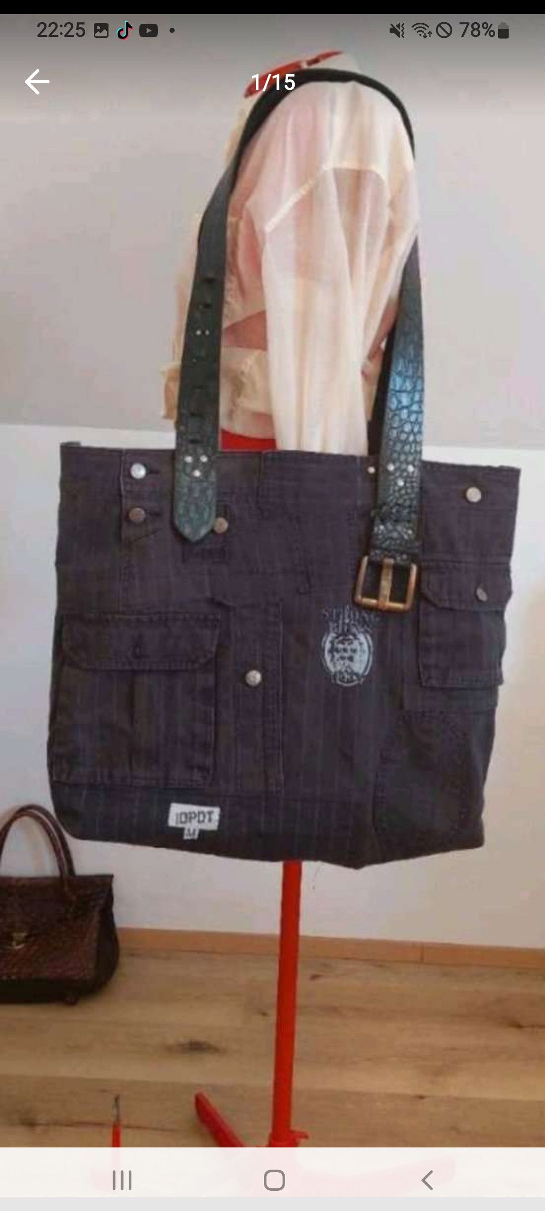 Handmade Upcycled Denim Jacket Tote with Leather Belt Straps Size ONE SIZE - 1 Thumbnail