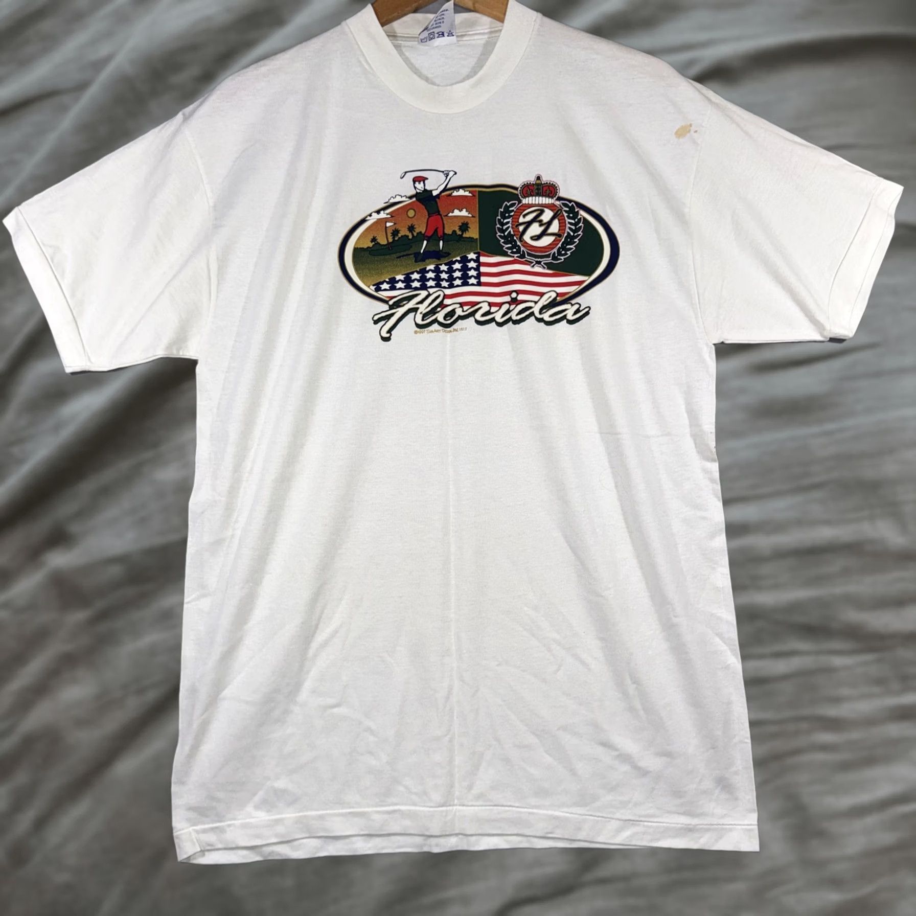 Vintage VINTAGE Basix Florida Golf Shirt Mens Large White USA Flag Graphic Tee Size US L / EU 52-54 / 3 - 1 Thumbnail