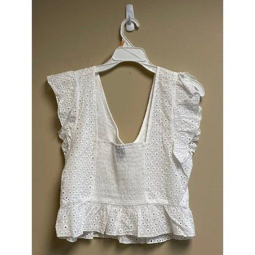 Other Women's Flutter Short Sleeve Eyelet White Crop Top With Ruff Size L / US 10 / IT 46 - 4 Thumbnail