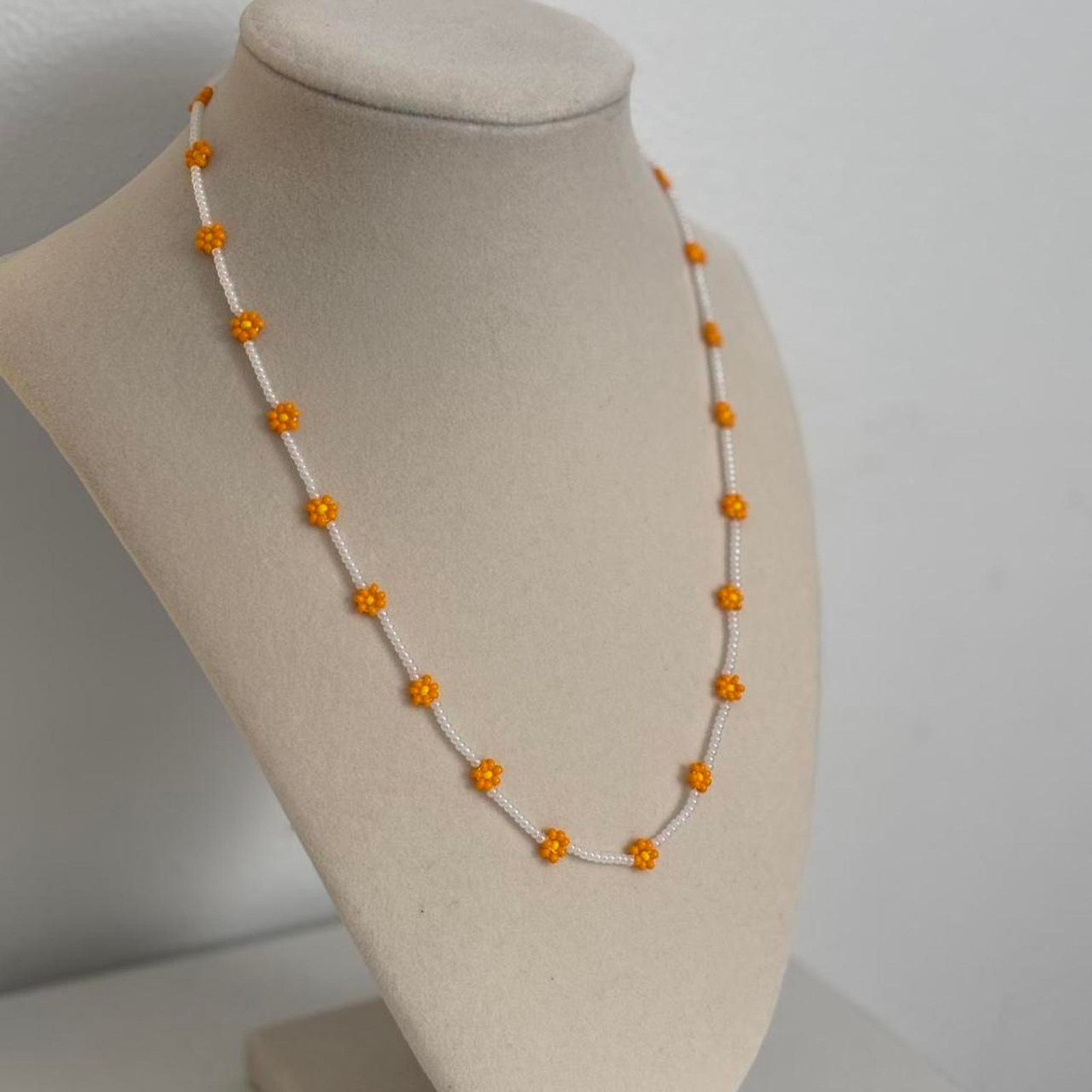 Other Orange White Beaded Flower Necklace Handmade Floral Jewelry Size ONE SIZE - 1 Thumbnail