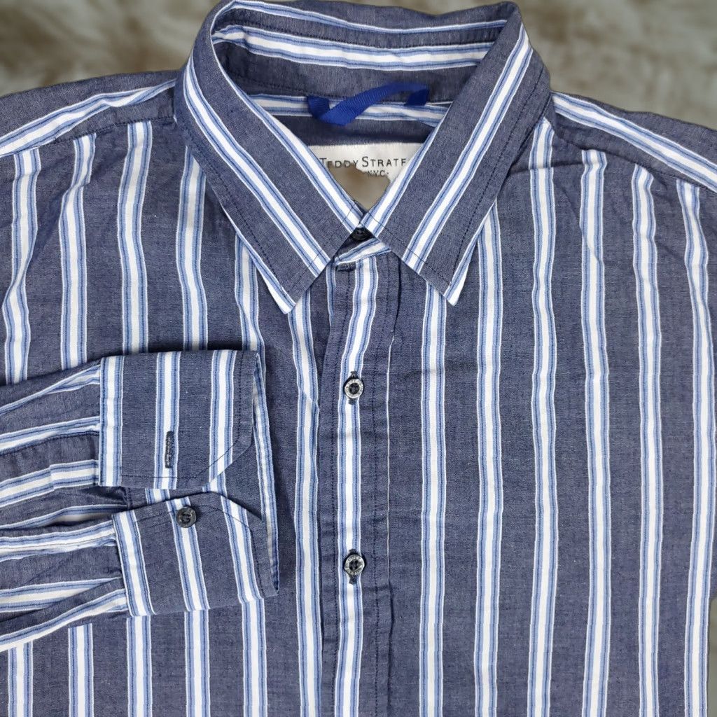 Vintage Teddy Stratford Shirt Mens Size 4 Blue Striped Zip Up Button Long Sleeve Casual Size US S / EU 44-46 / 1 - 1 Thumbnail