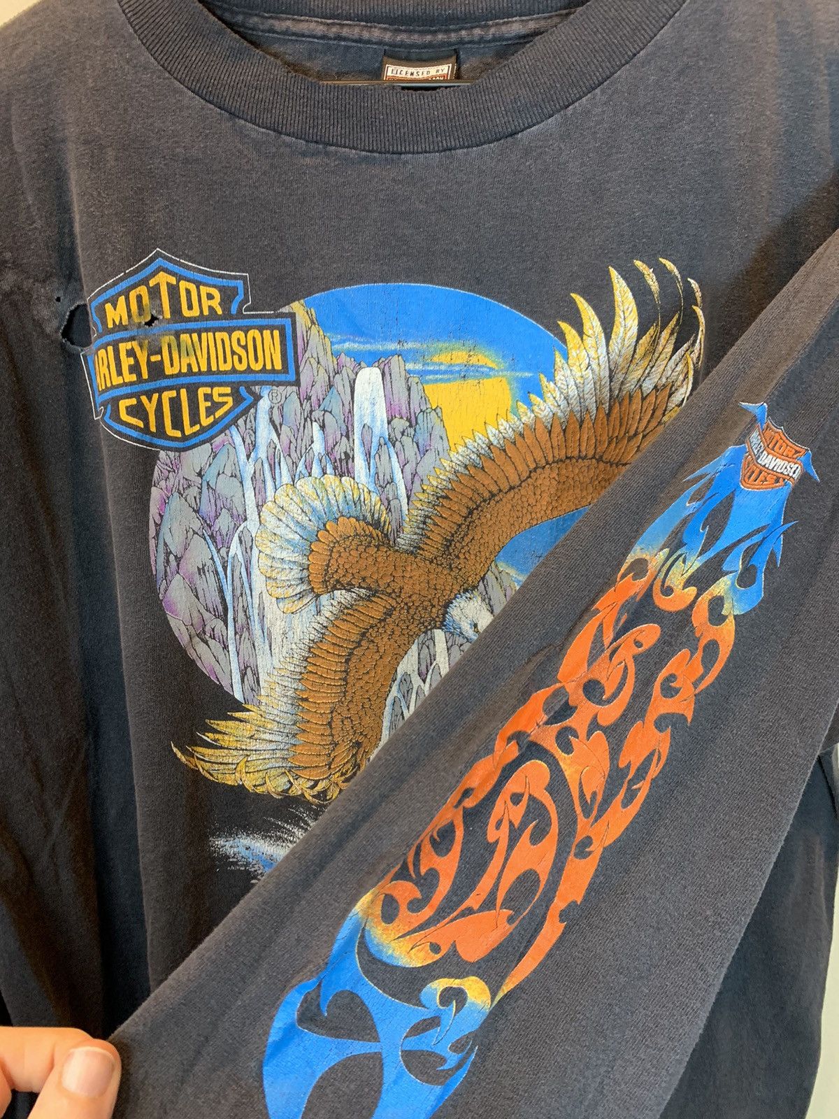 Harley Davidson × Vintage *RARE* Vintage Harley Davidson Eagle Flame Sleeve LS Shirt Size US L / EU 52-54 / 3 - 4 Thumbnail
