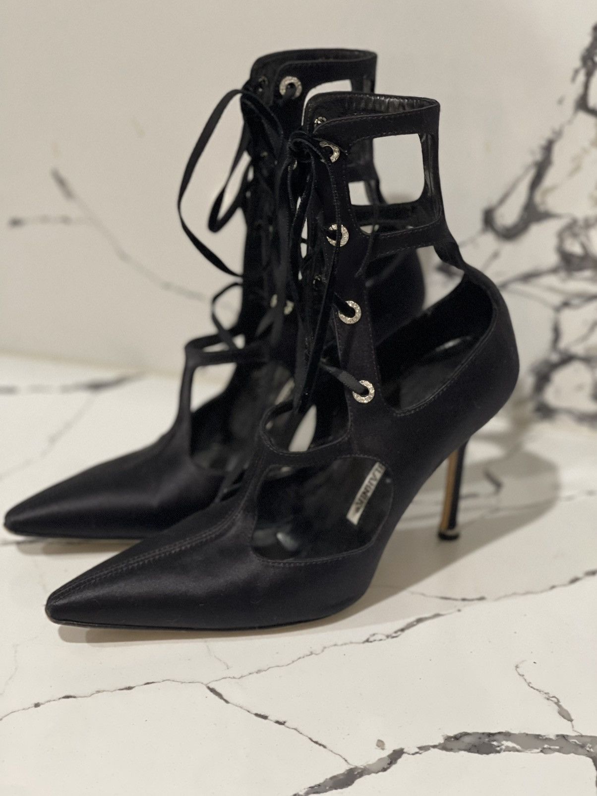 Manolo Blahnik Black Satin black Lace up Heels