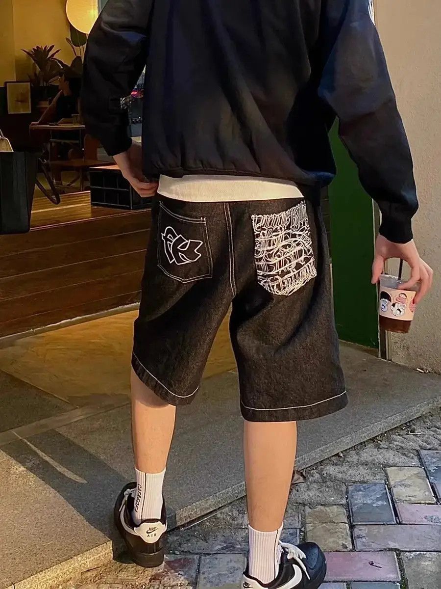 Japanese Brand × Jean Retro straight leg wide leg embroidered denim shorts Size US 32 / EU 48 - 1 Thumbnail