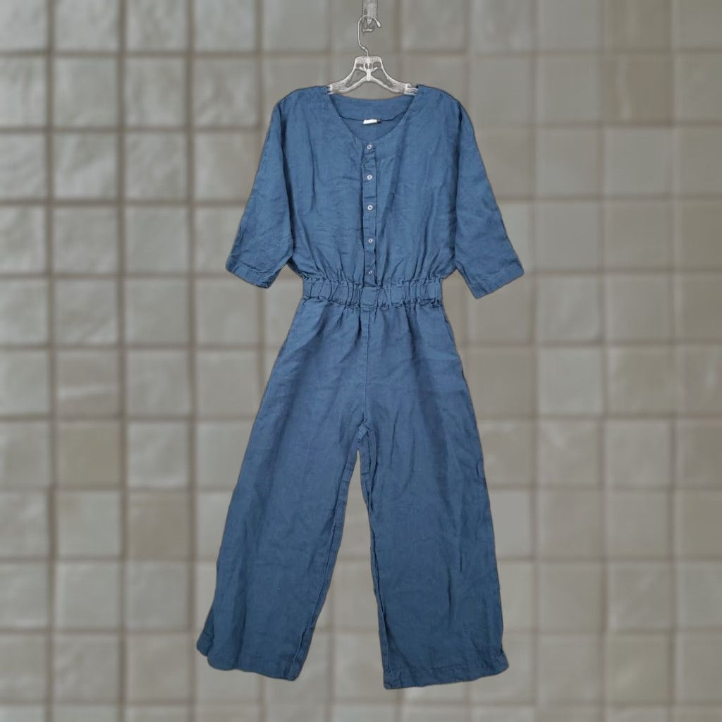 VINTAGE Len Ok Linen Jumpsuit Womens M Medium Blue 3/4 Sleeve Wide