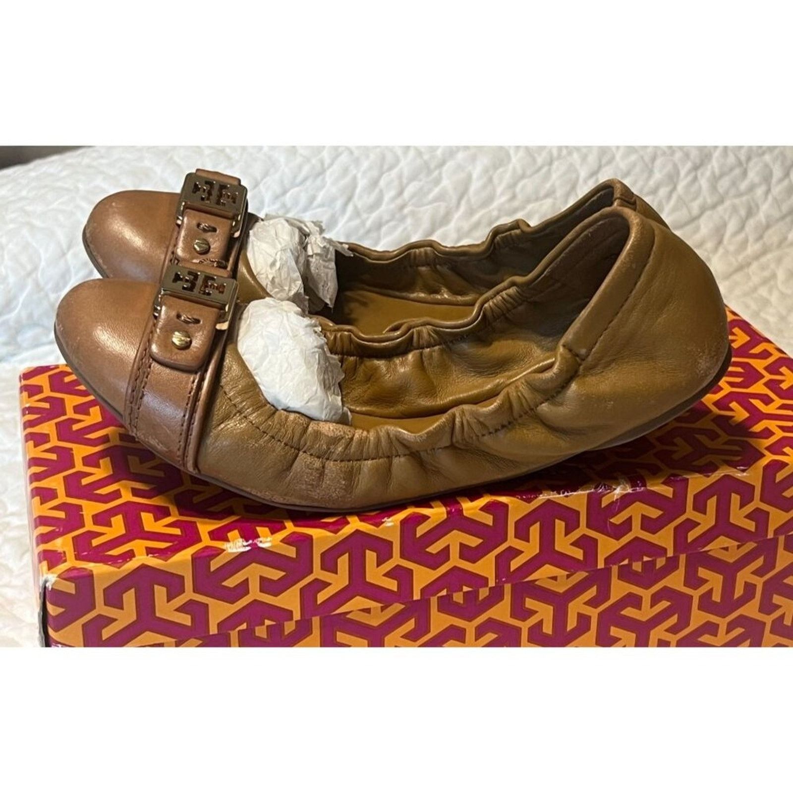Tory Burch TORY BURCH Ambrose Ballet Flats Leather Camel Brown Gold 7 B Size US 7 / IT 37 - 2 Thumbnail