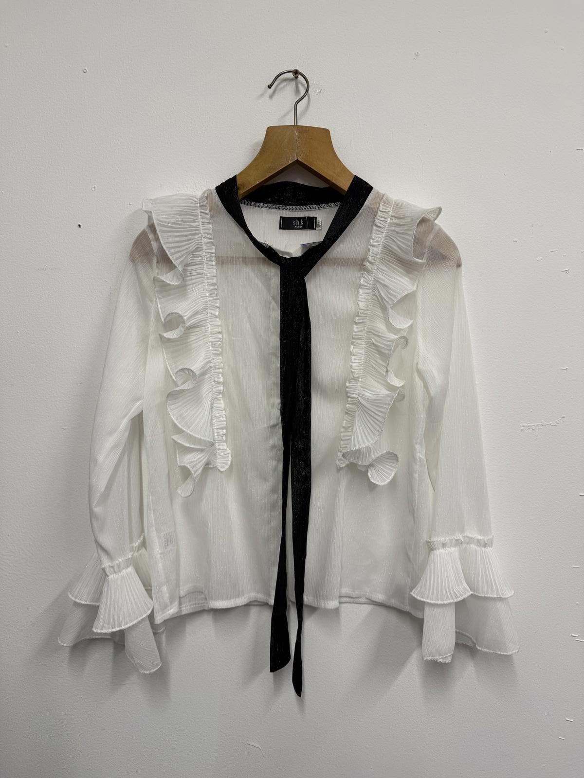 Other Women's White Sheer Ruffle Blouse with Black Tie Detail Size S / US 4 / IT 40 - 1 Thumbnail