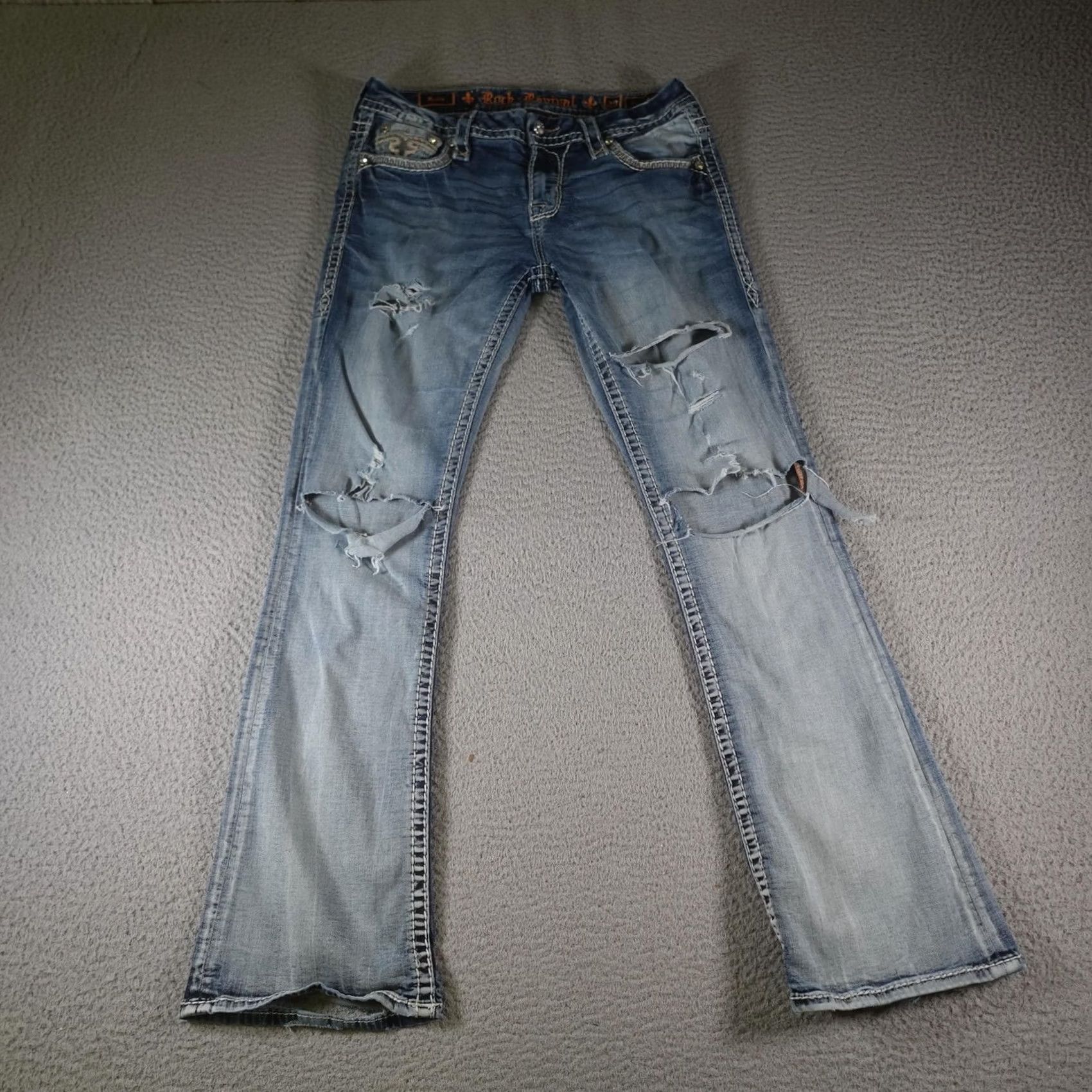 Vintage VINTAGE Rock Revival Jeans Bootscut 29x31 Womens Blue Distressed Rhinestone Embroidered Sequin Studded Denim Size 29" - 2 Thumbnail