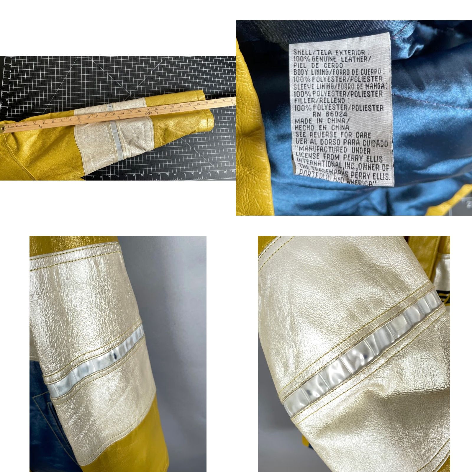 Perry Ellis America Leather Jacket Bomber Adult M Yellow Blue Striped 90s Hip Hop Vintage Mens