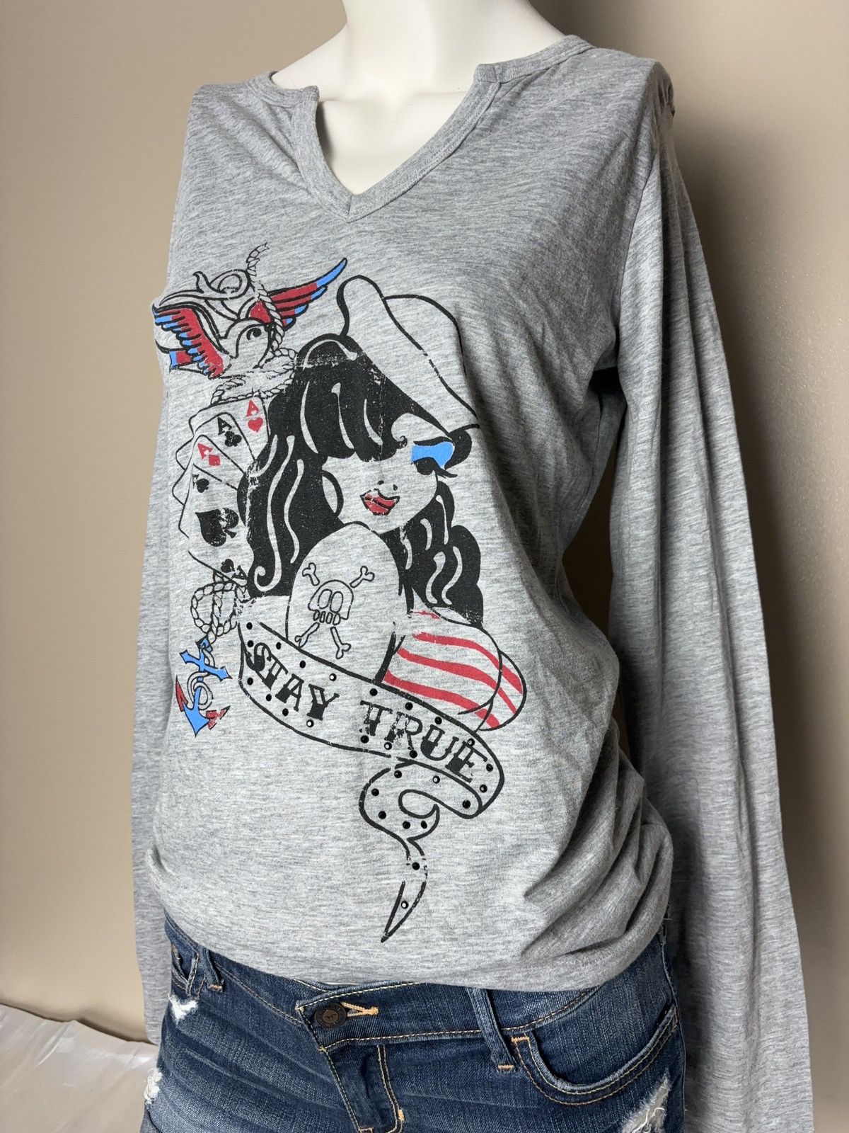 Vintage Vintage Tattoo Printed Girl Woman Long Sleeve T-Shirt Top Size M / US 6-8 / IT 42-44 - 4 Thumbnail