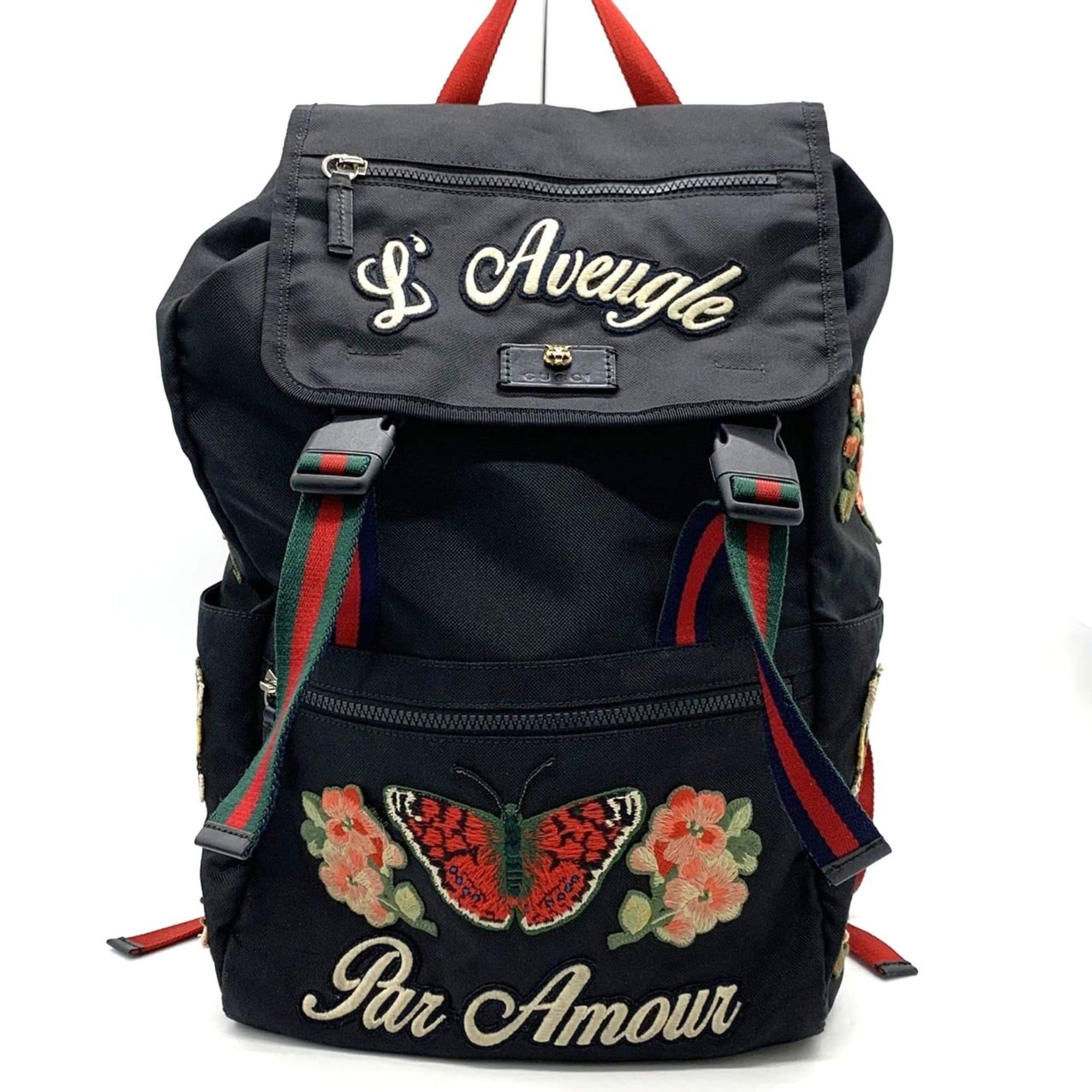 Gucci GUCCI 450982 Backpack/Daypack with Cat Head Embroidered Patch, Tiger, Butterfly, and Flower Design in Black Nylon for Men Women Size ONE SIZE - 1 Thumbnail