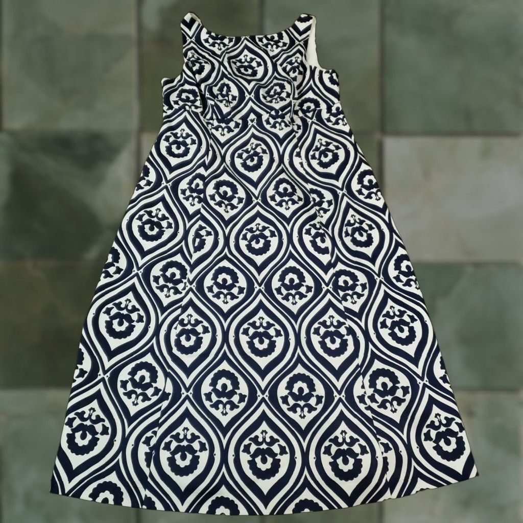 Boden Boden Dress Womens 10P Blue White Shift Sleeveless Printed Stretch Geometric Knee Length Zip Round Neck Professional Sheath Business 90s? Size L / US 10 / IT 46 - 1 Thumbnail