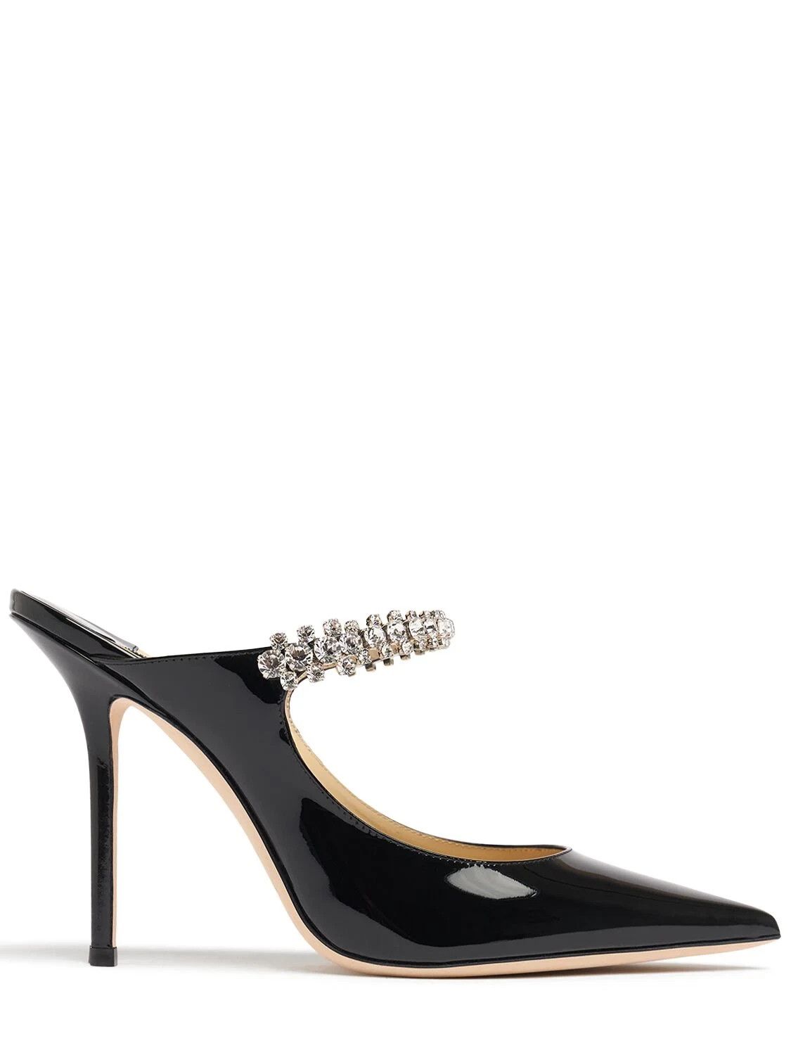 JIMMY CHOO Bing 100 Black Patent Crystal Strap Mules
