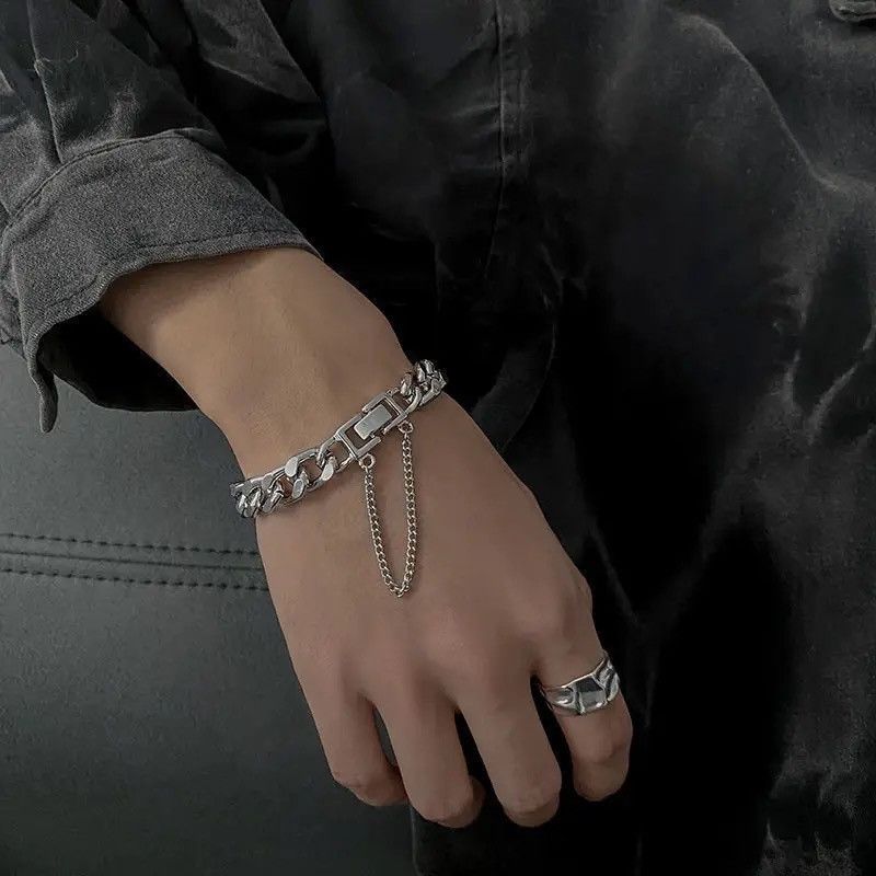 Jewelry × Vintage Stainless Steel Metal Chains Bracelet Cuban Link Wristband Size ONE SIZE - 5 Thumbnail