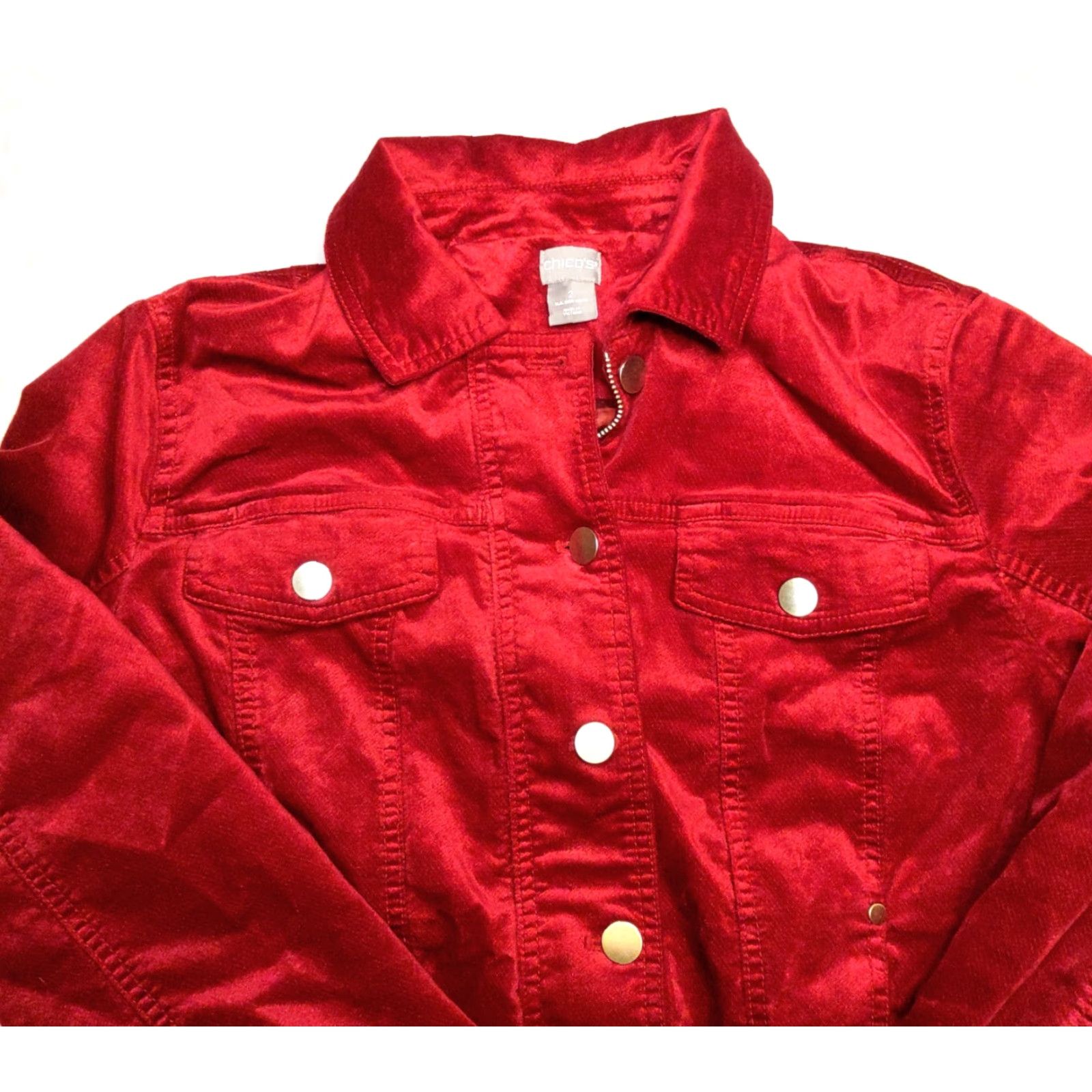 Vintage CHICO'S RED VELVET DENIM JACKET - SHORT - Lined - SZ 12/14 - WOMEN - Velvet Jacket - Casual / Party - 2010s (if decade) Size XL / US 12-14 / IT 48-50 - 4 Thumbnail