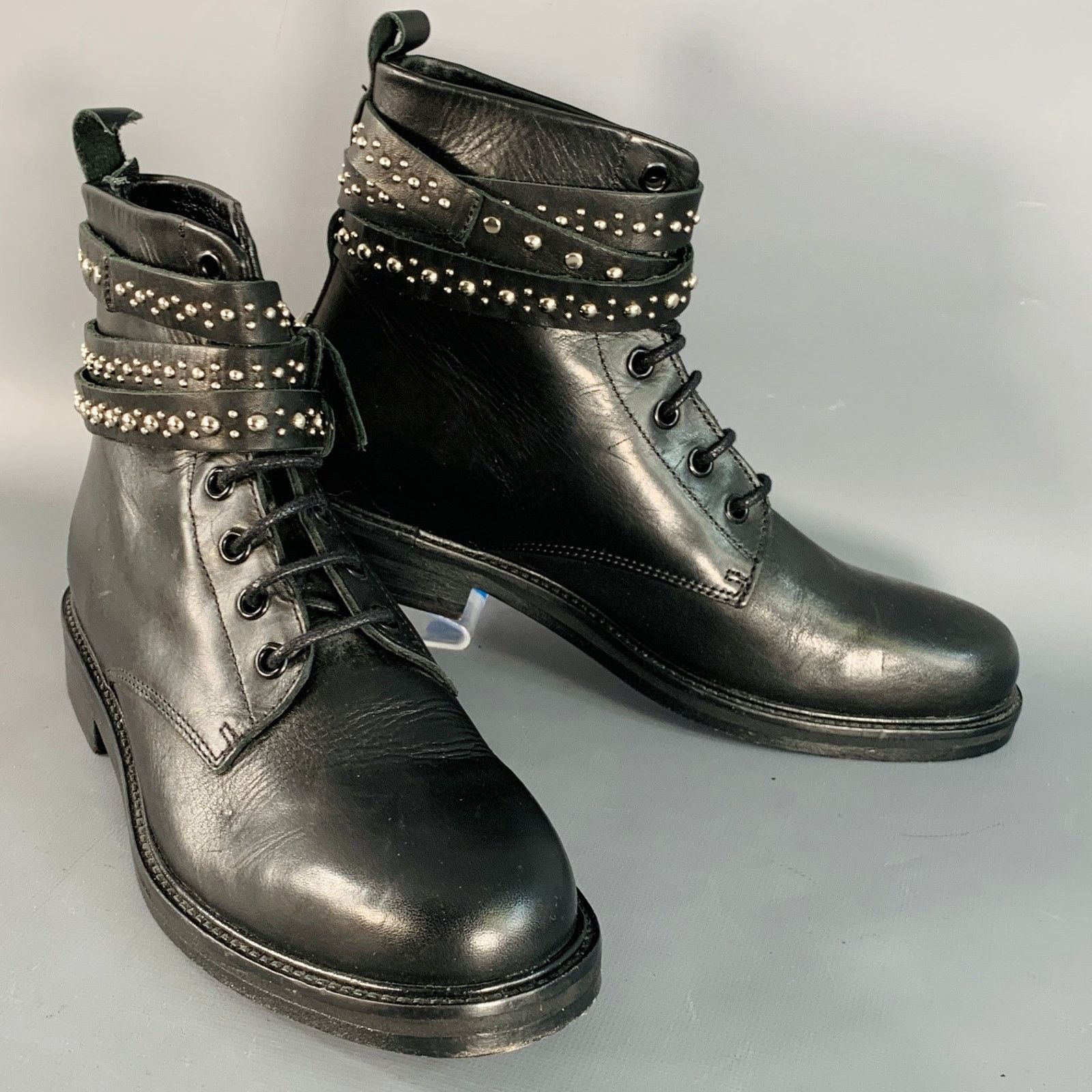 Maje MAJE 7 Black Studded Leather Wrap Around Lace-Up Ankle Boots Size US 7 / IT 37 - 1 Thumbnail