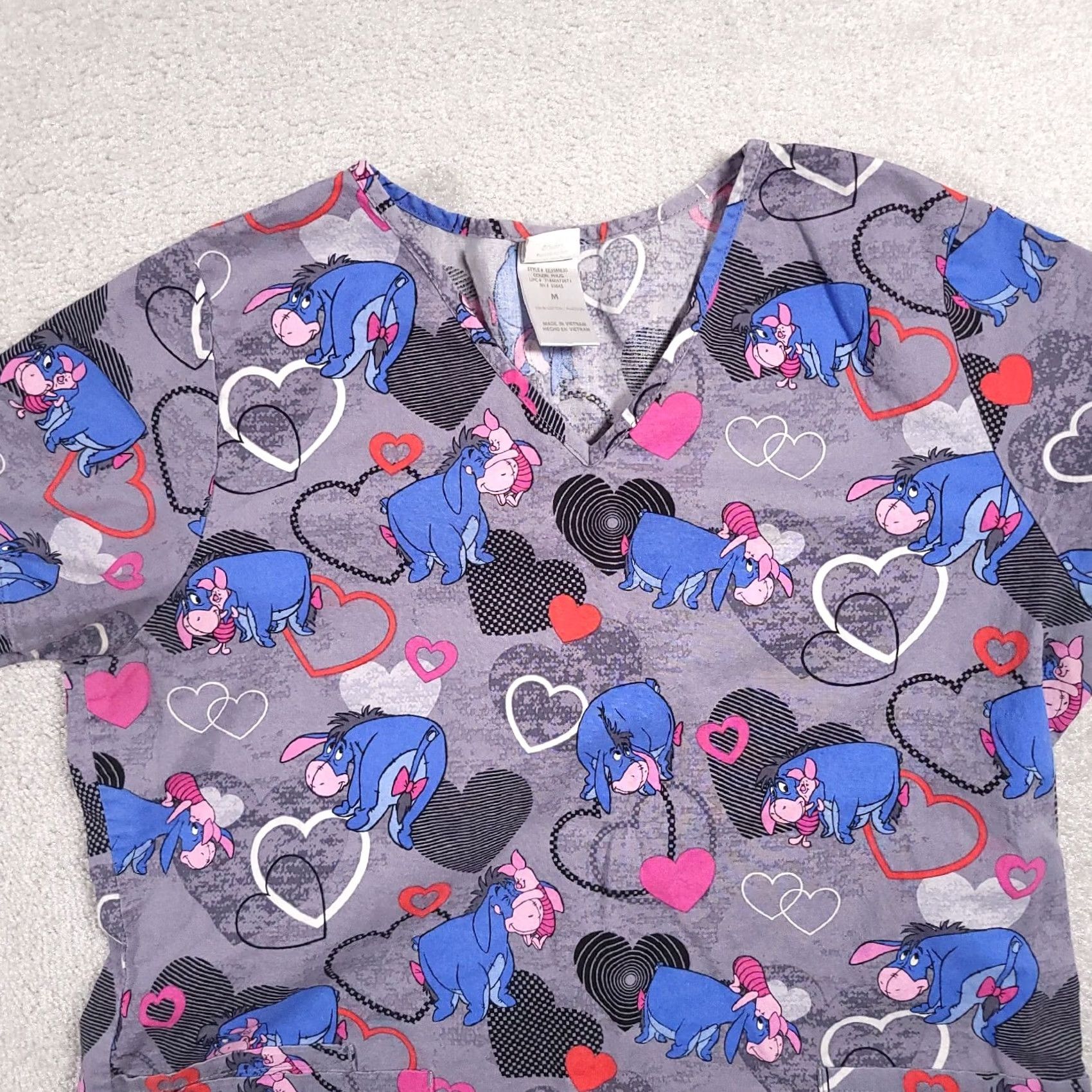 Disney Disney Scrub Top Womens M Gray Blue Short Sleeve Eeyore Piglet Nursing Medical Size XS / US 0-2 / IT 36-38 - 3 Thumbnail