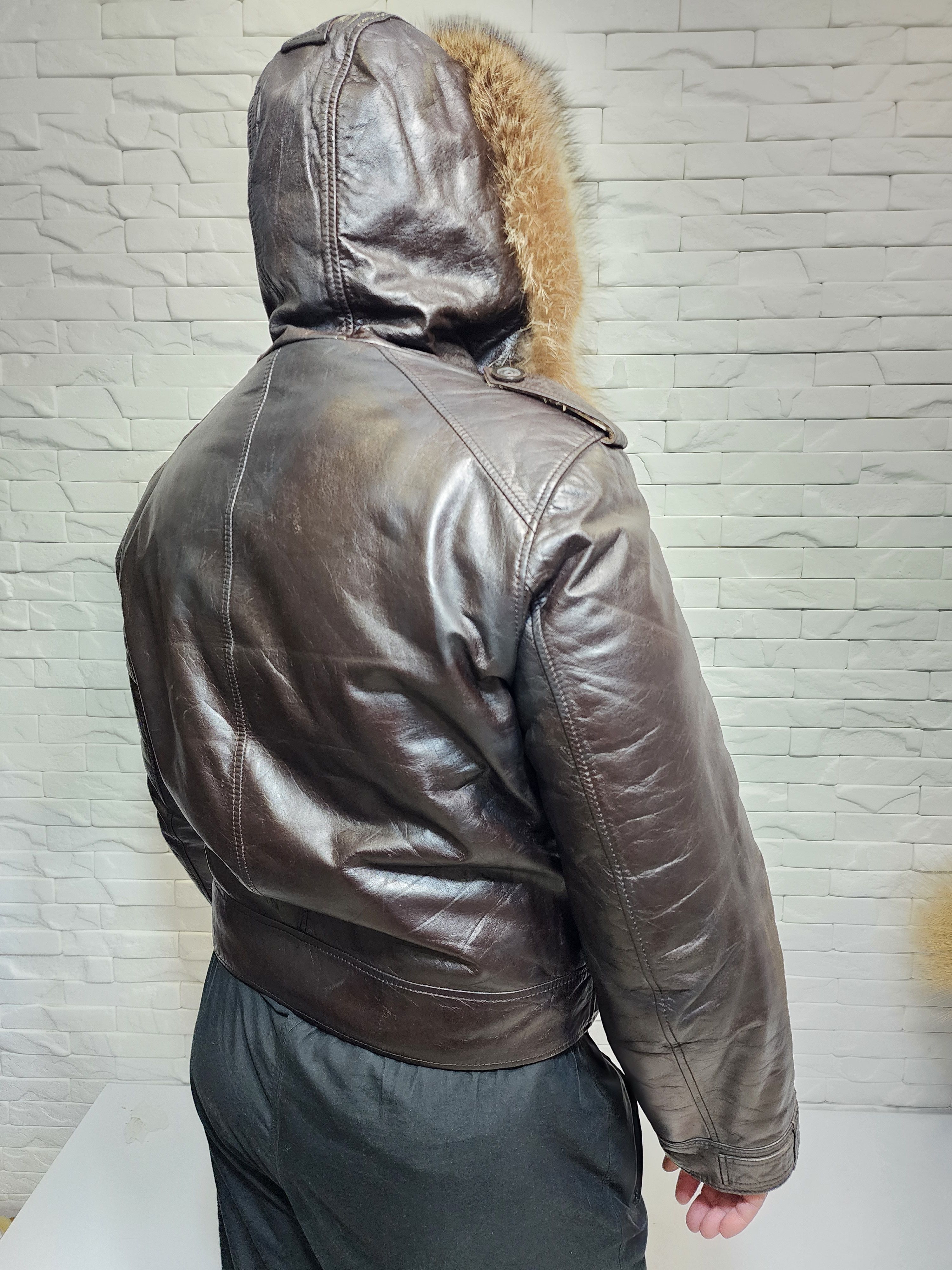 Genuine Leather Black Leather Sheepskin Coat: Metal Zipper, Fur Hood Size US L / EU 52-54 / 3 - 7 Thumbnail