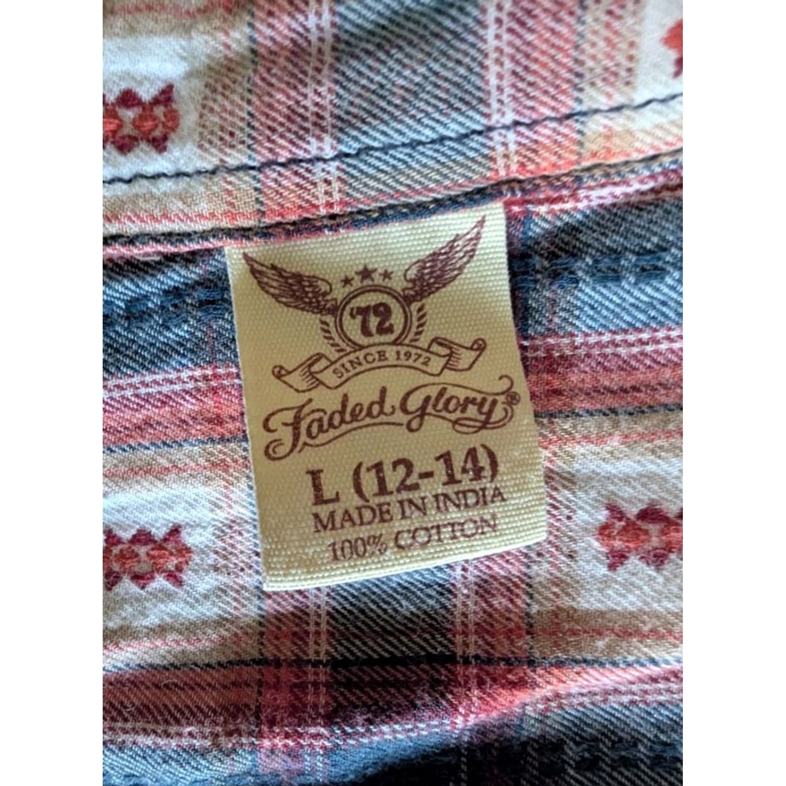 Faded Glory Orange Dobby Plaid Button Front Shirt Womens M 12-14 100% Cotton Southwest Boho Shirt Size M / US 6-8 / IT 42-44 - 4 Thumbnail