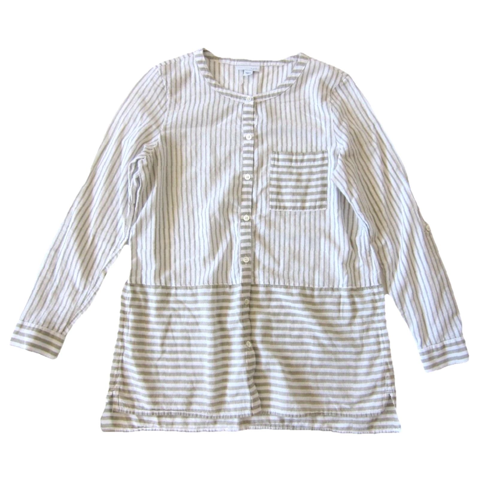 J. Jill J. Jill Blouse 100% Cotton White Brown Stripe Button Down Long Sleeve Small Women Size S / US 4 / IT 40 - 2 Thumbnail