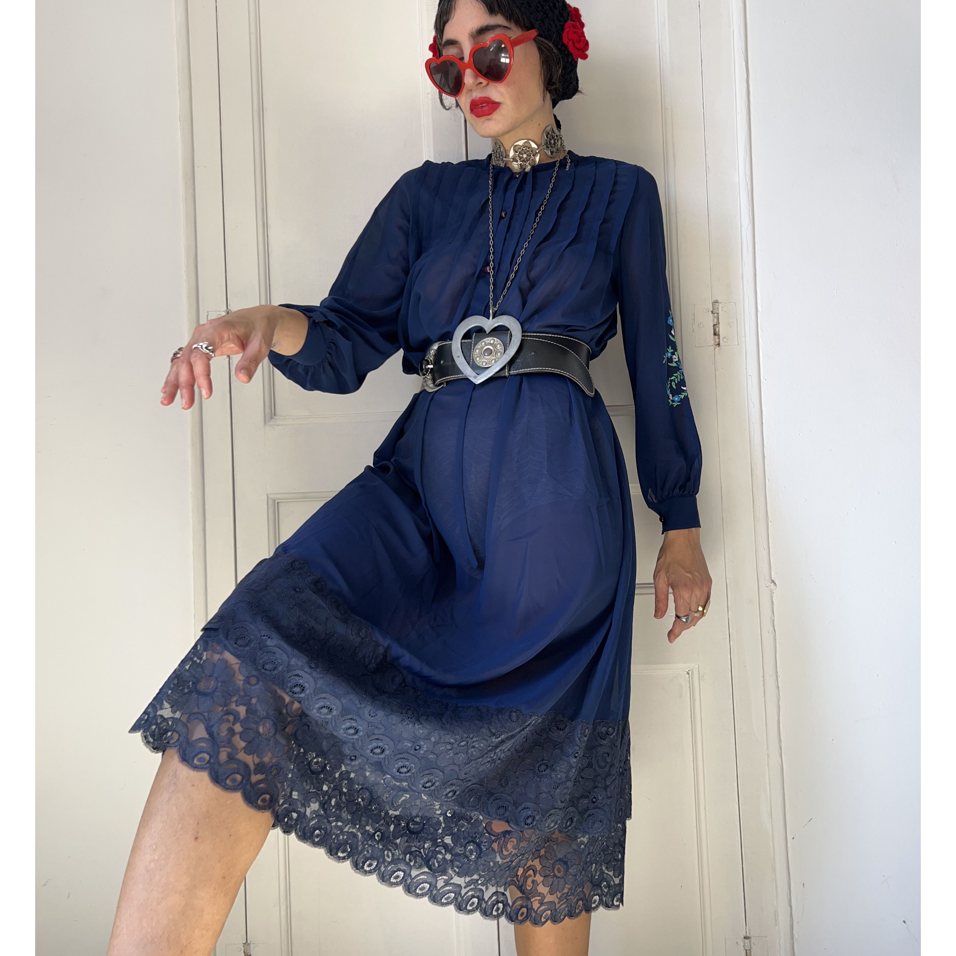 Vintage Vintage 70s Navy Blue Sheer Lace Dress Size M / US 6-8 / IT 42-44 - 5 Thumbnail