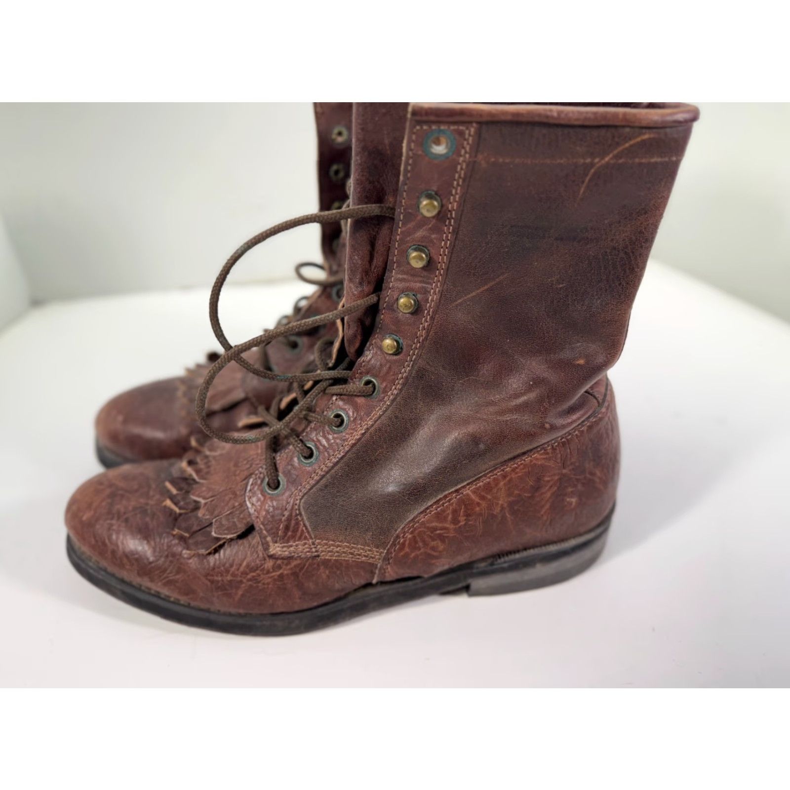 Vintage Boulet Western Boots Mens 9 Brown Leather Lace-Up Almond Toe Cowboy Kiltie Mid-Calf Boots Size US 9 / EU 42 - 4 Thumbnail