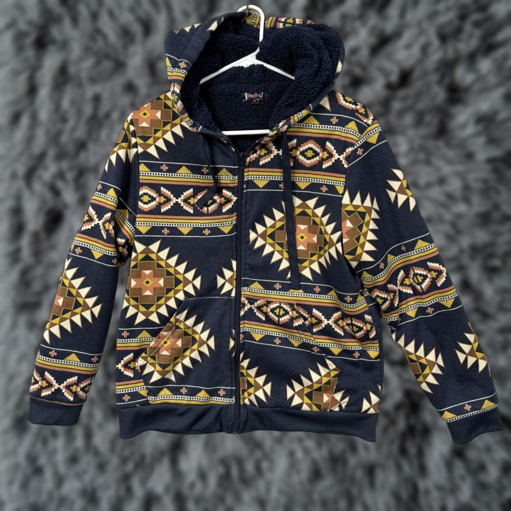 Vintage Canyon Creek Hoodie Womens L Blue Aztec Sherpa Lined Full Zip Fleece Southwest Size L / US 10 / IT 46 - 1 Thumbnail
