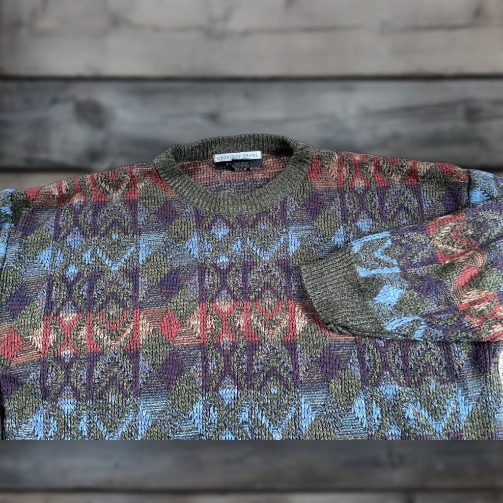 Geoffrey Beene VINTAGE Geoffrey Beene Sweater Geometric Lightweight Knit Adult M Green Long Sleeve Crew Neck Pullover 90s Dad Style Mens Size US M / EU 48-50 / 2 - 1 Thumbnail