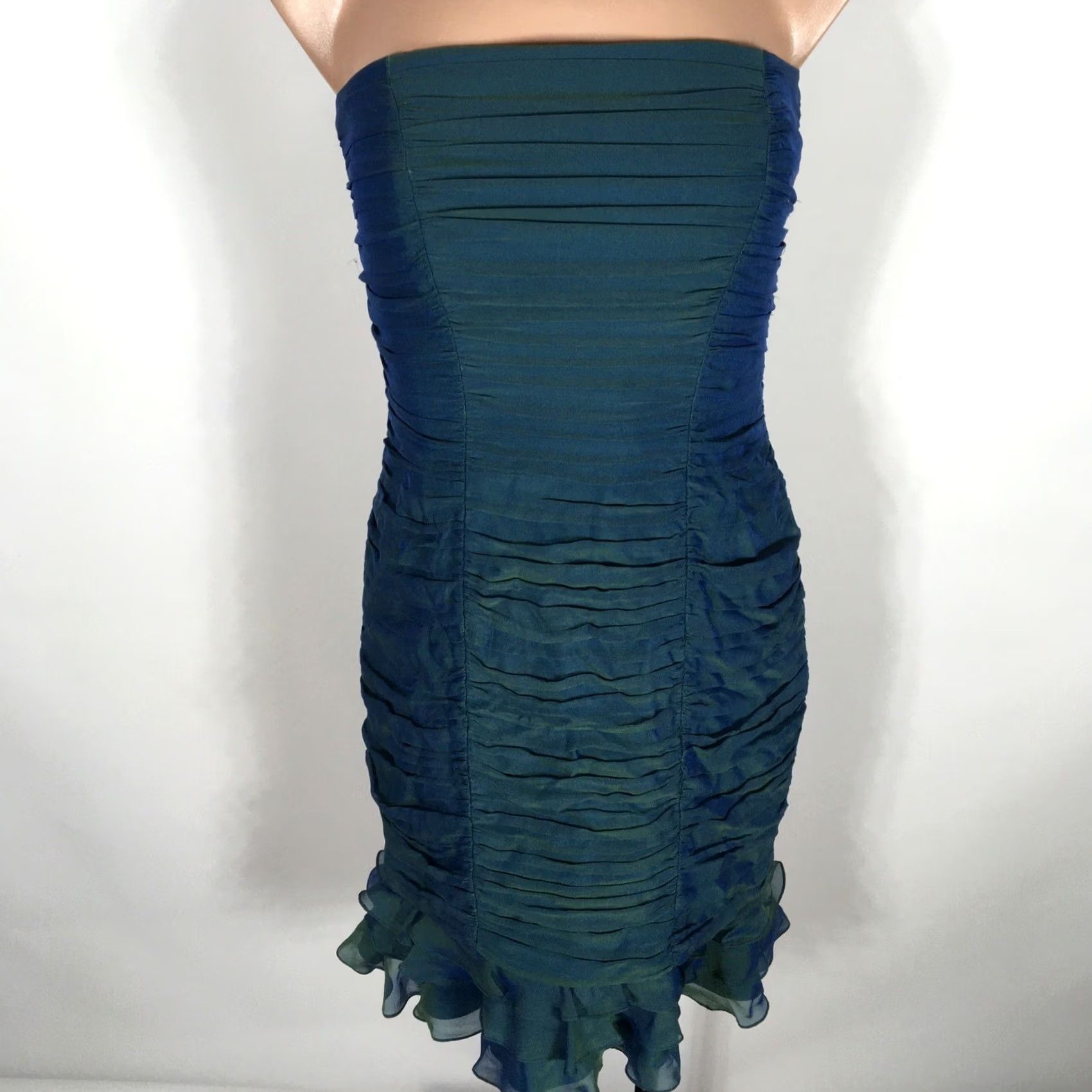 Tadashi Shoji VINTAGE TADASHI COLLECTION 100% SILK Mermaid DRESS 4 Sweetheart Ruched Ruffle Green Blue Womens Size S / US 4 / IT 40 - 3 Thumbnail
