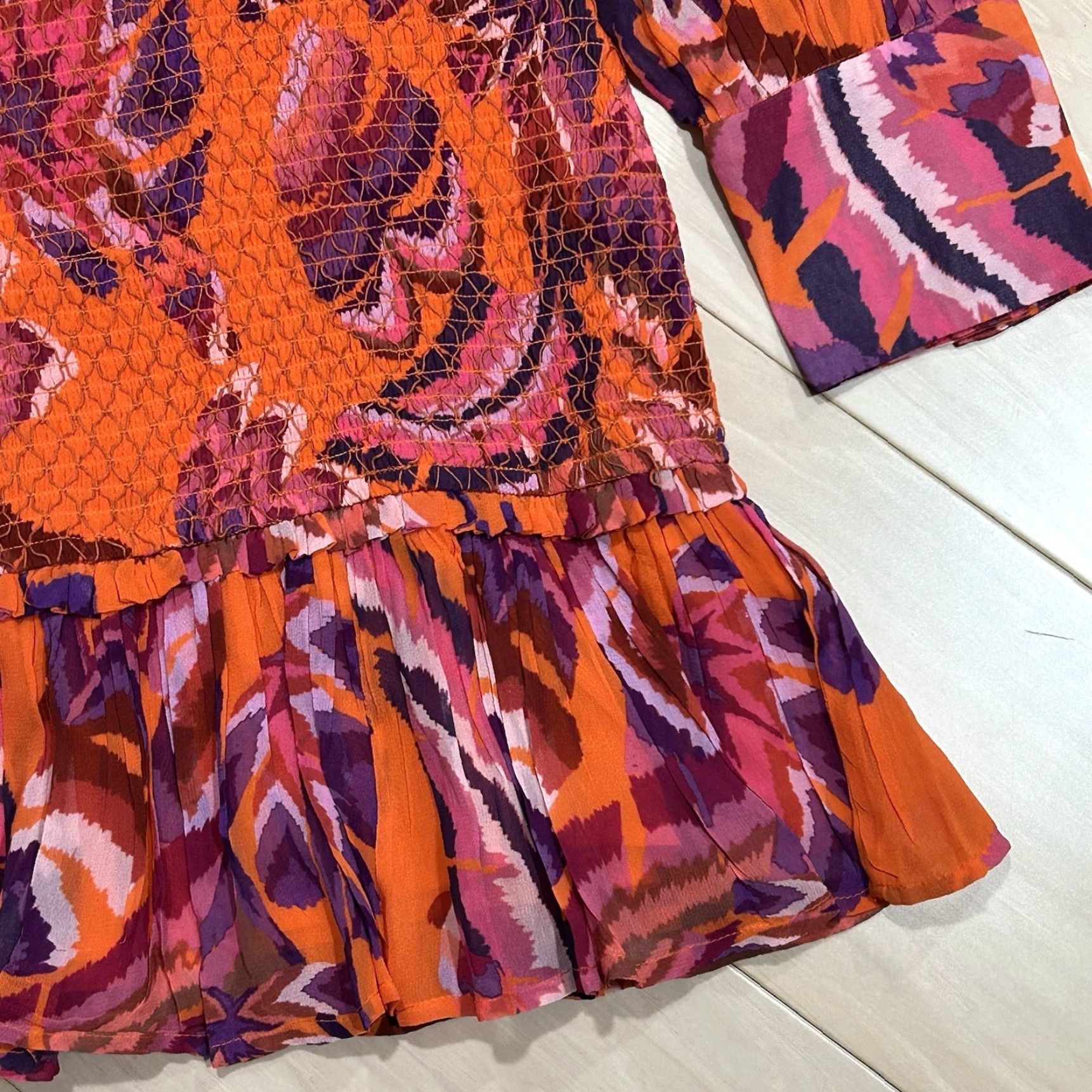 Farm Rio Farm Rio Floral Mini Dress Long Sleeve Women’s M Forest Orange Smocked Lined Viscose Dress Short Balloon Sleeve Women’s Medium Size M / US 6-8 / IT 42-44 - 4 Thumbnail