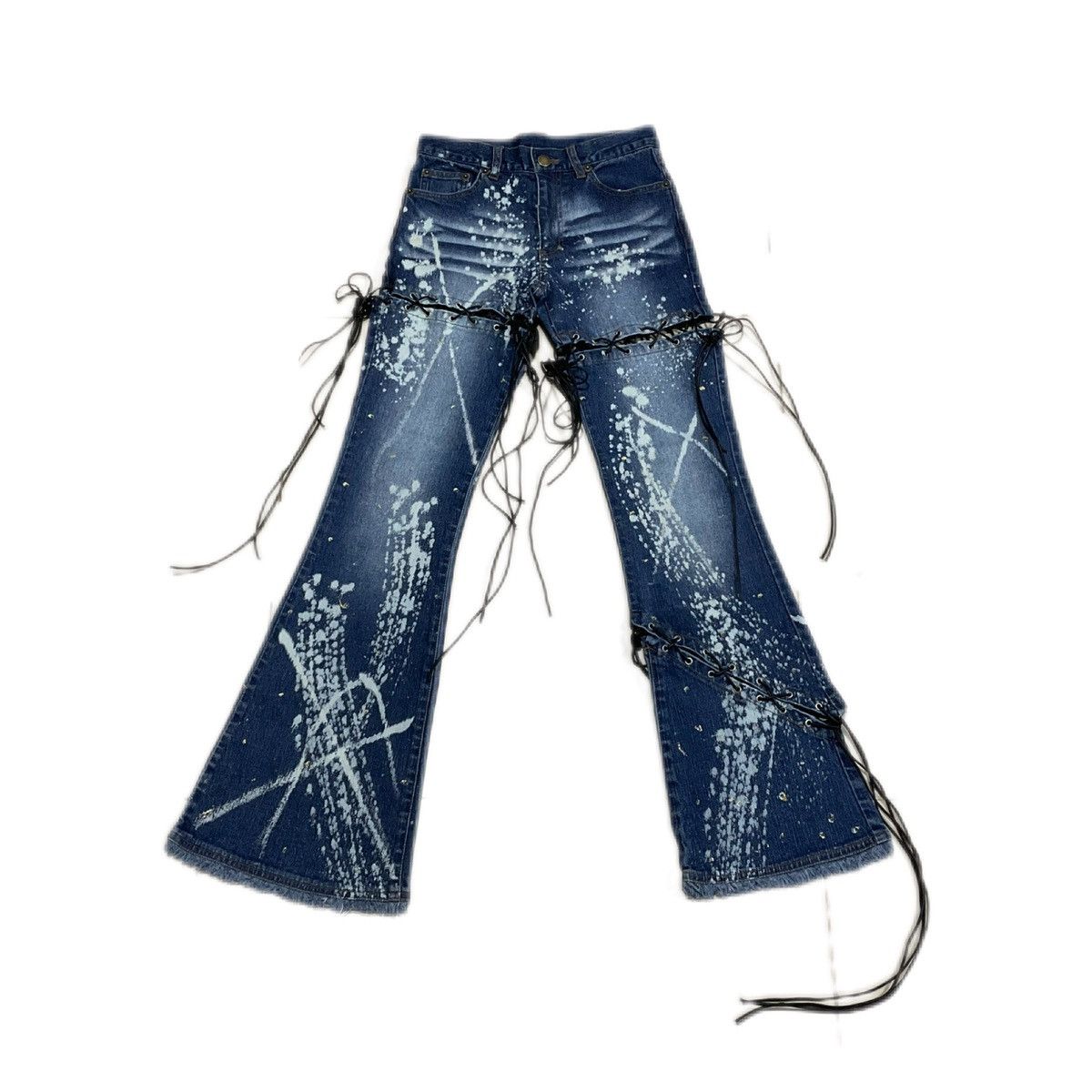 image of 14Th Addiction x Hysteric Glamour Sick Y2K Penty’S Bondage Splash Painted Flare Denim in Washed Blu