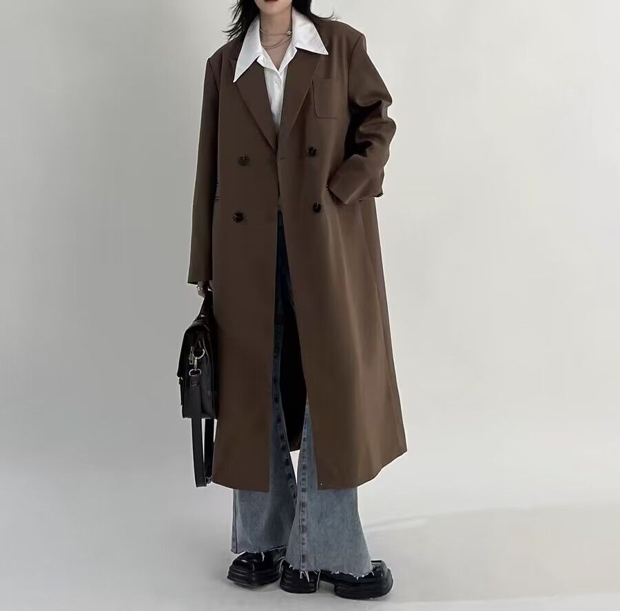 image of Vintage Retro Brown British Style Mid-Length Suit And Windbreaker in Coffee Color, Women's (Size Sm