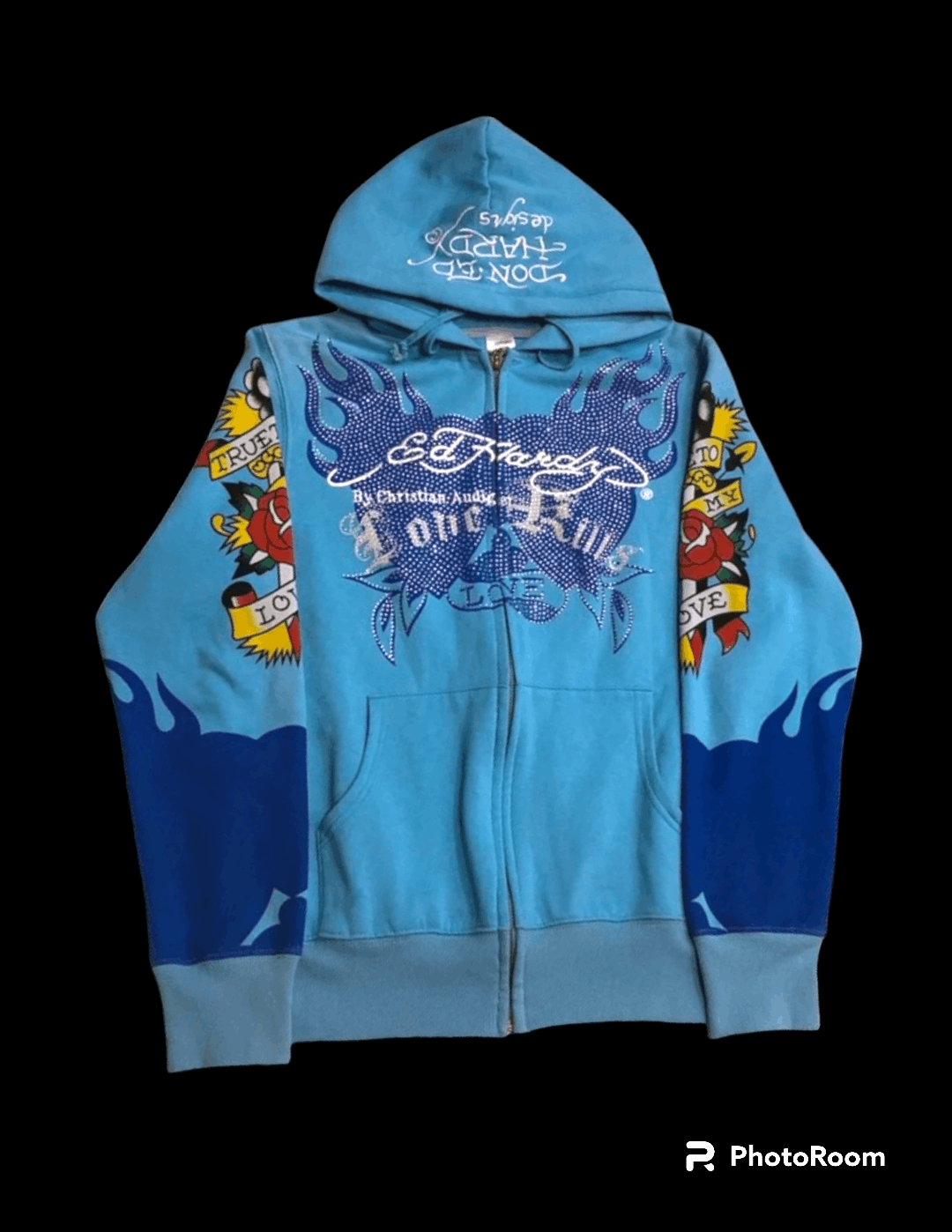 Pre-owned Artful Dodger X Christian Audigier Blue Ed Hardy Zip Up Hoodie With Embroidery And Print "love" (size Small)