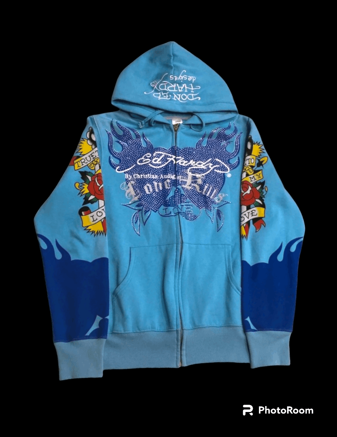 image of Artful Dodger x Christian Audigier Blue Ed Hardy Zip Up Hoodie With Embroidery And Print "love" (Si