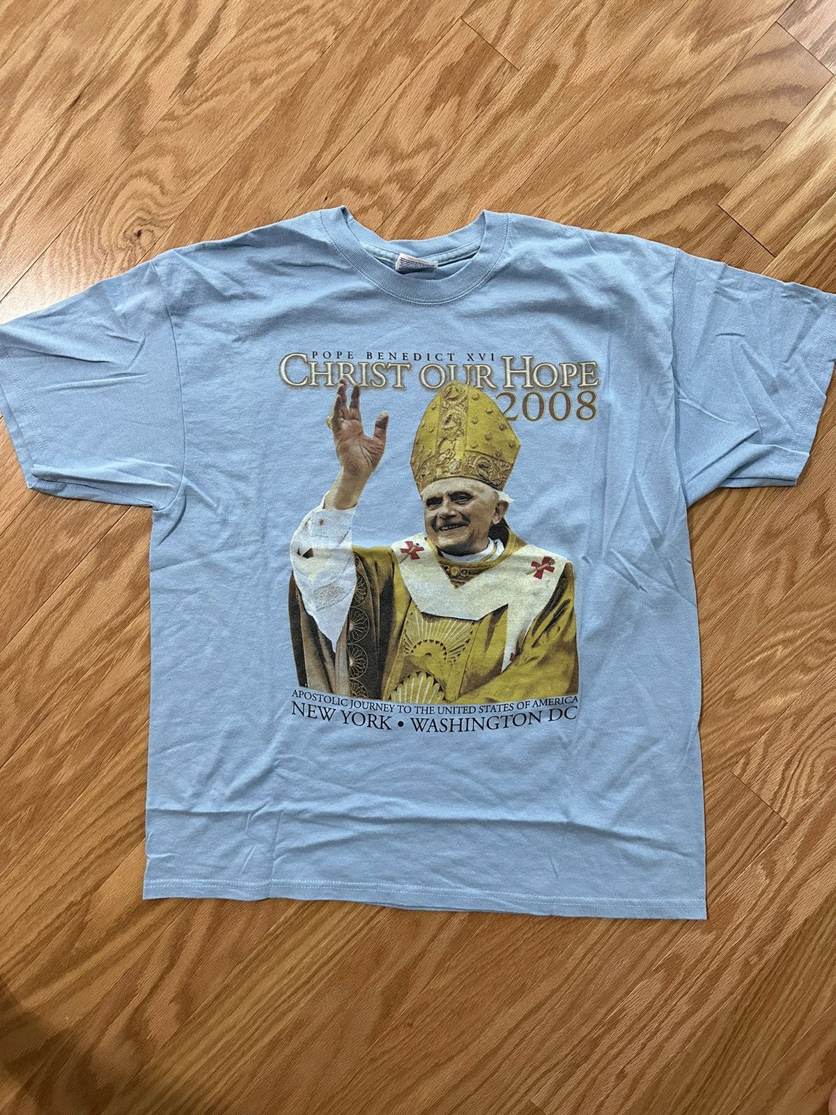 Hanes × Vintage Baby Blue Pope Benedict XVI T Shirt Size US L / EU 52-54 / 3 - 1 Thumbnail