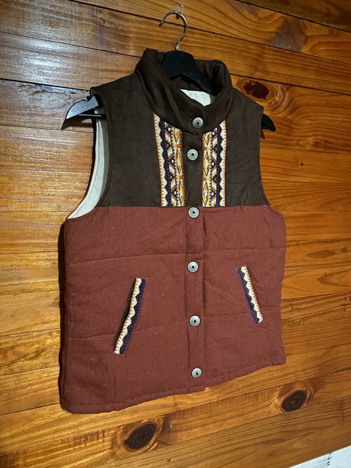 Japanese Brand Vintage RimLimit Tribal Pattern Puffer Vest – Brown & Maroon Size US S / EU 44-46 / 1 - 6 Thumbnail