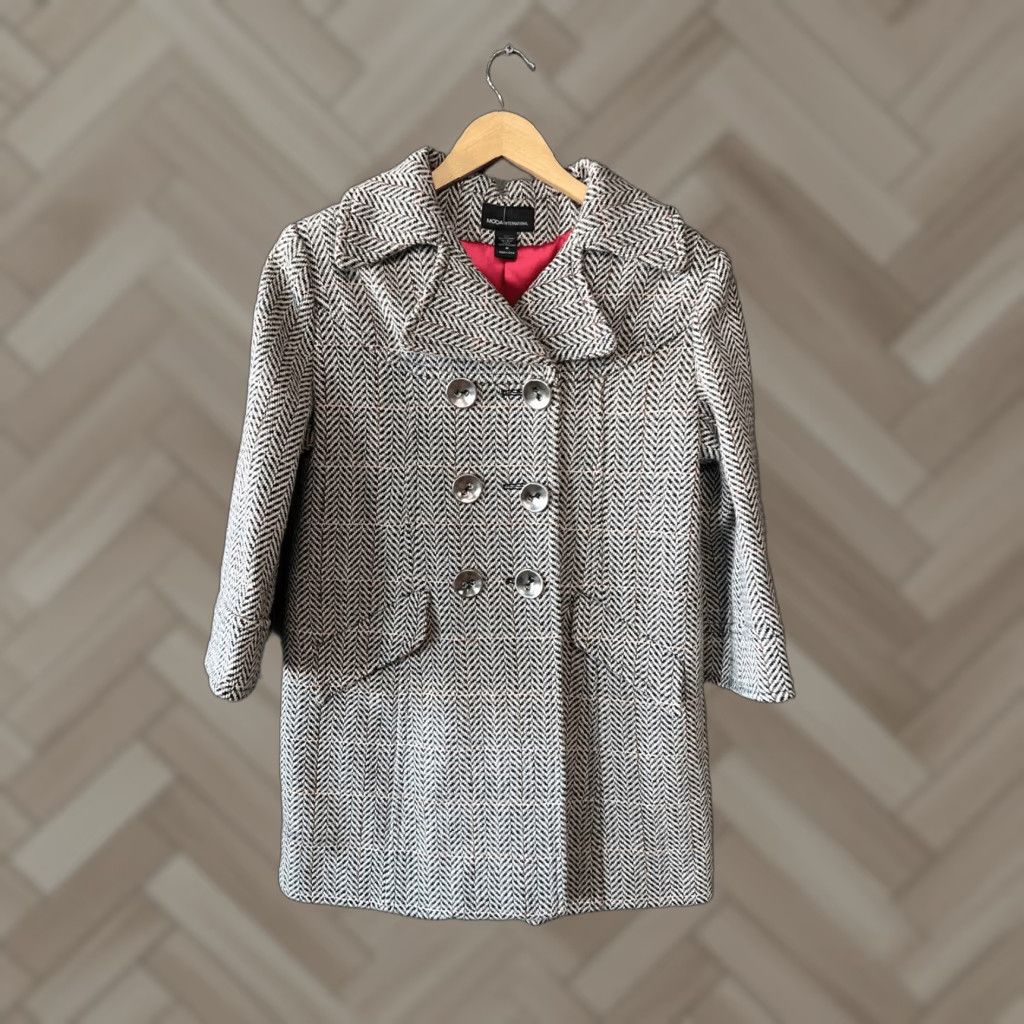 Vintage Moda International Wool Blend Pea Coat Herringbone Tweed Black White Red Medium Coat Women M Black Tweed Wool Blend Pea Coat 90s Style Womens Size M / US 6-8 / IT 42-44 - 1 Thumbnail