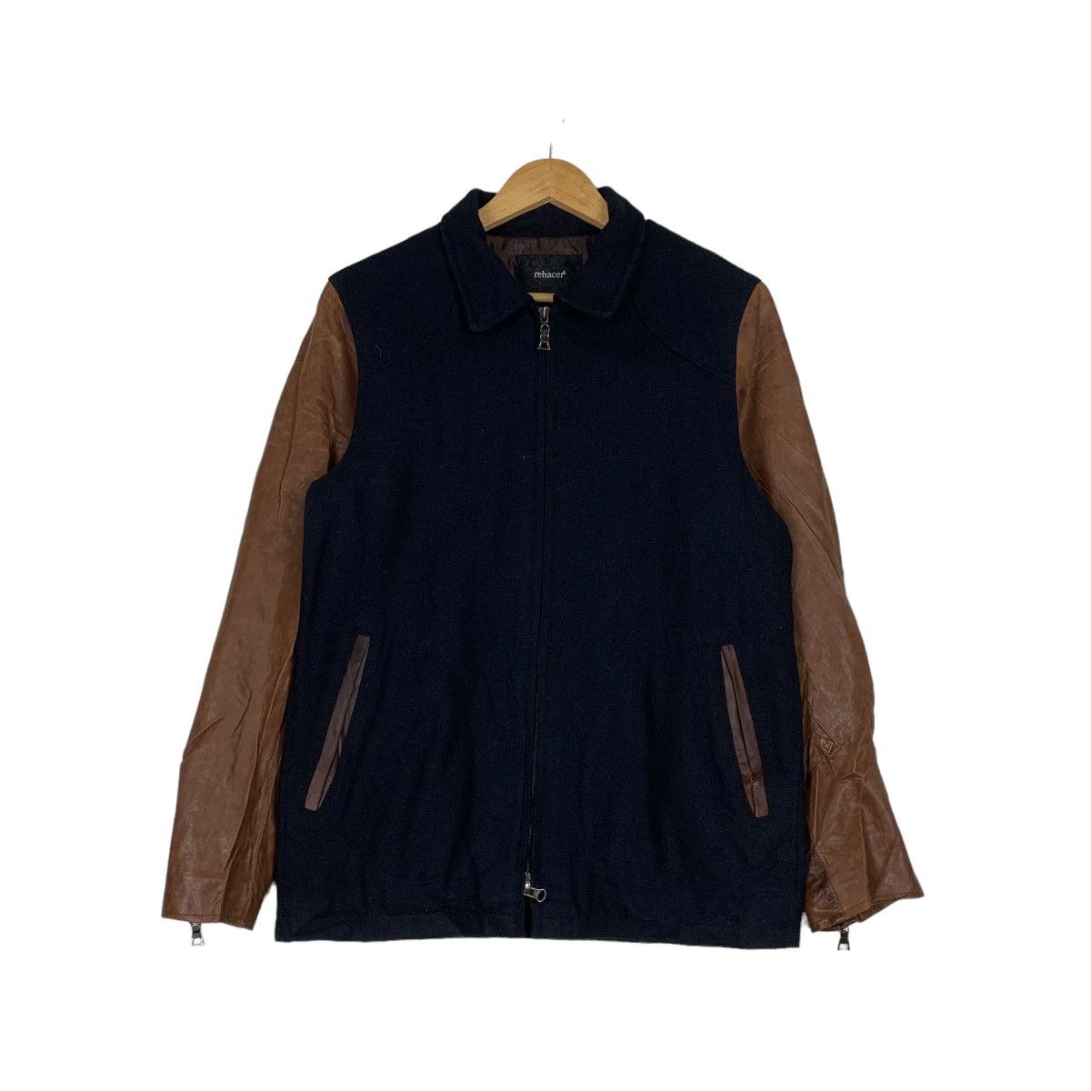 Japanese Brand REHACER Sheepskin Sleeve Navy Wool Bomber Jacket #1031-C46 Size US M / EU 48-50 / 2 - 1 Thumbnail