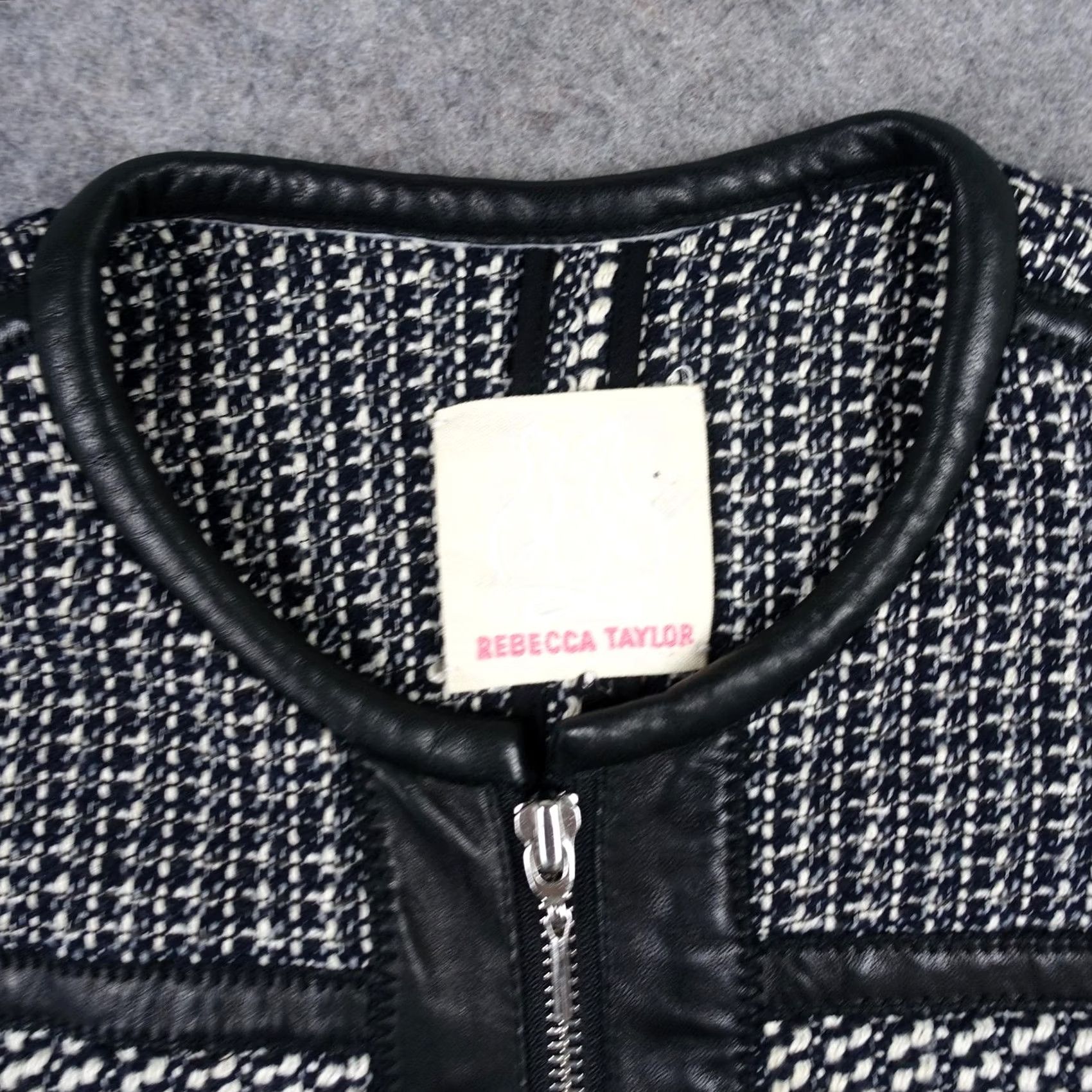 Rebecca Taylor Rebecca Taylor Jacket Womens Small Blue Tweed Leather Trim Moto Fringe Zip Jacket Size S / US 4 / IT 40 - 3 Thumbnail