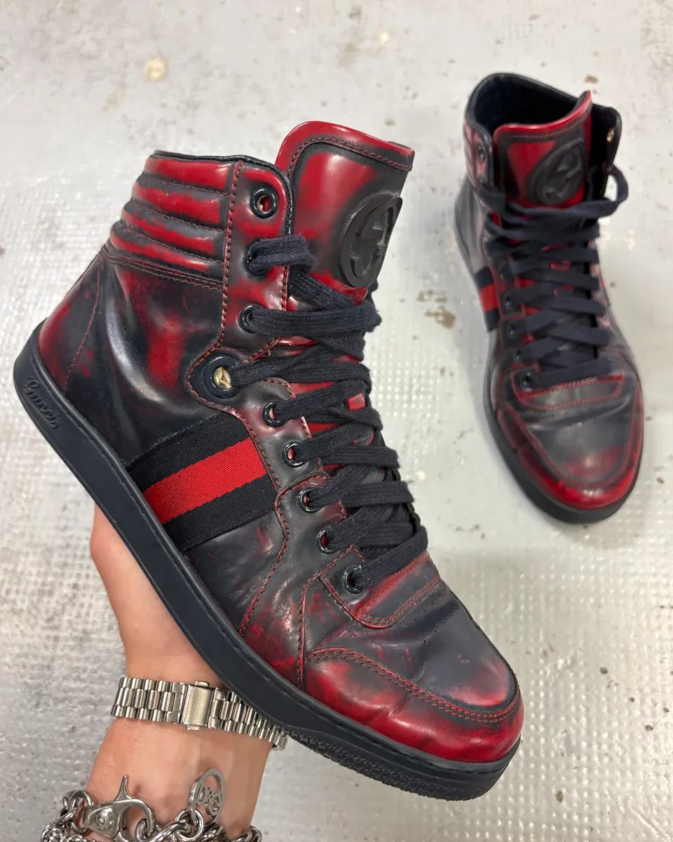 Gucci Gucci Red Black Leather Logo High-Top Sneakers Size US 6.5 / IT 36.5 - 1 Thumbnail