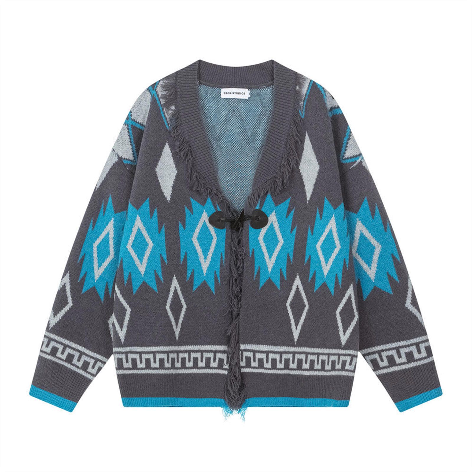 Vintage Gray Blue Geometric Patterned Fringe Cardigan Sweater Size US M / EU 48-50 / 2 - 1 Thumbnail