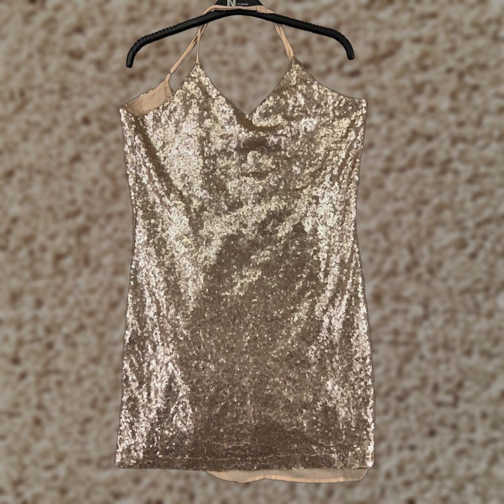 Vintage Free Press Dress Womens Small Gold Sequin Polyester Lined Cocktail Micro 32" len Size S / US 4 / IT 40 - 1 Thumbnail