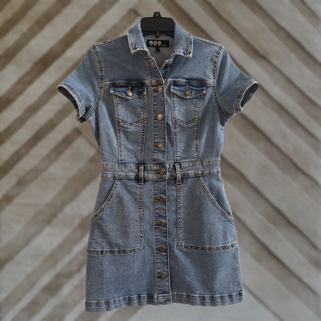 Vintage REWASH Peace Love Eco Denim Dress Short Sleeve Mini Short Dress Blue Women M Size 32" / US 10 / IT 46 - 1 Thumbnail