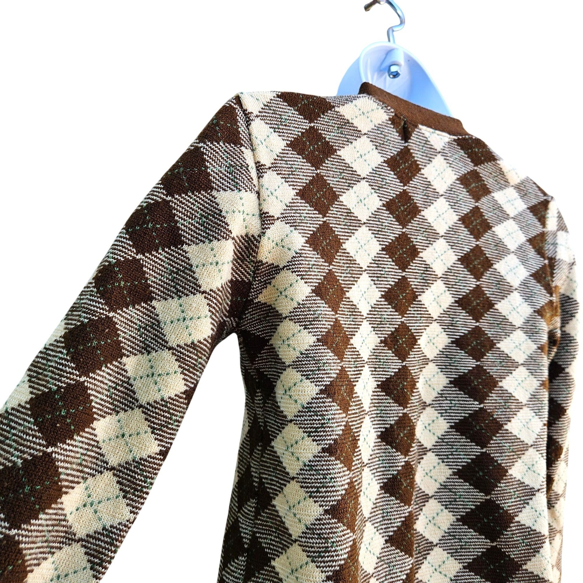Vintage 1970s Japan Knit Cardigan XS Argyle Brown Cream V-Neck Butto Size XXS / US 00 / IT 34 - 10 Thumbnail