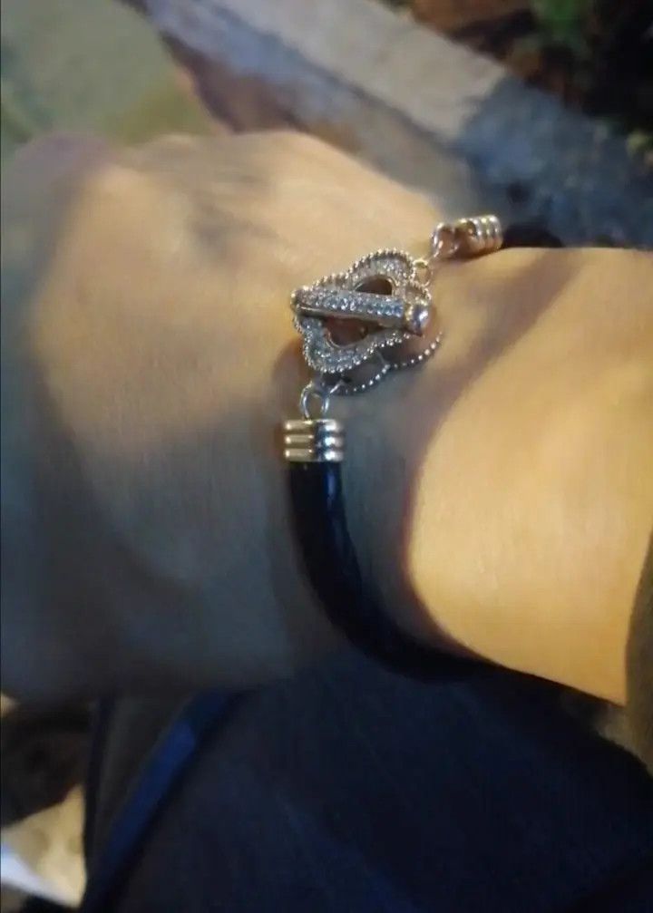 Sterling Silver 925 Silver Clover Diamond Set Bracelet Black Leather Size ONE SIZE - 3 Thumbnail
