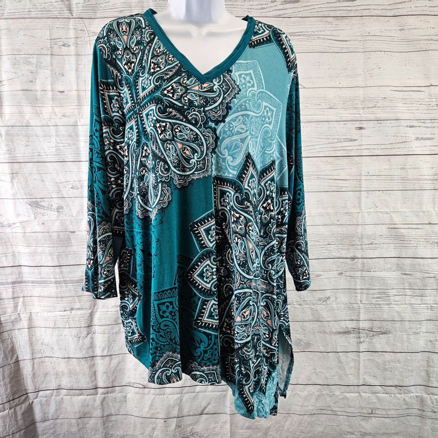 Vintage Chico's Womens Top XL Teal Pink 3/4 Sleeve V-Neck Blouse Shirt Ladies Womens Size XL / US 12-14 / IT 48-50 - 2 Thumbnail